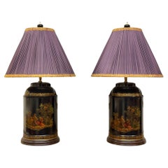 Chinese Export, Chinoiserie, Black Metal, Canister Lamps, Silk Shades, 1960s