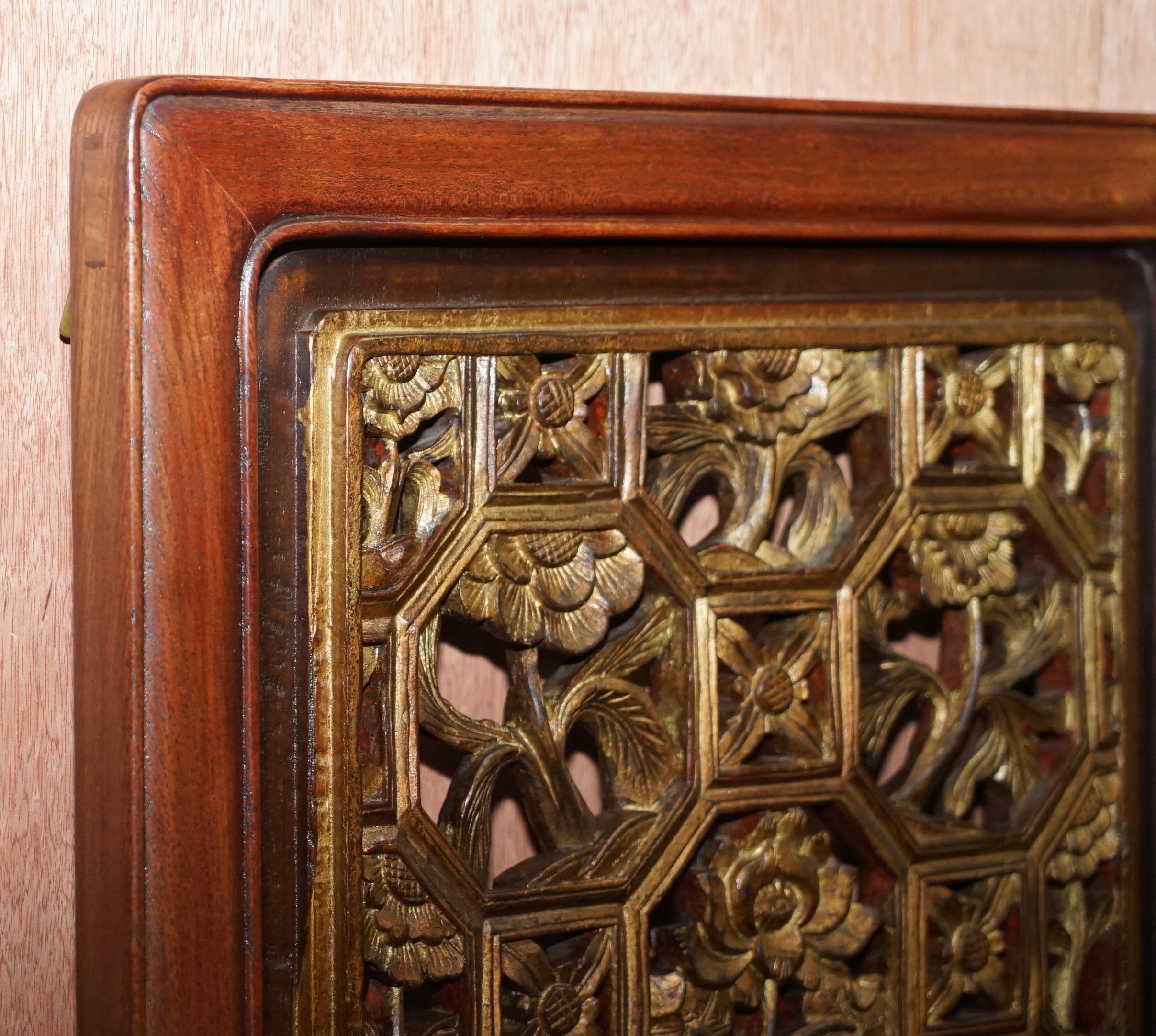 Chinese Export circa 1900 Gold Leaf Painted Fret Work Carved Wall Panel in Teak For Sale 2