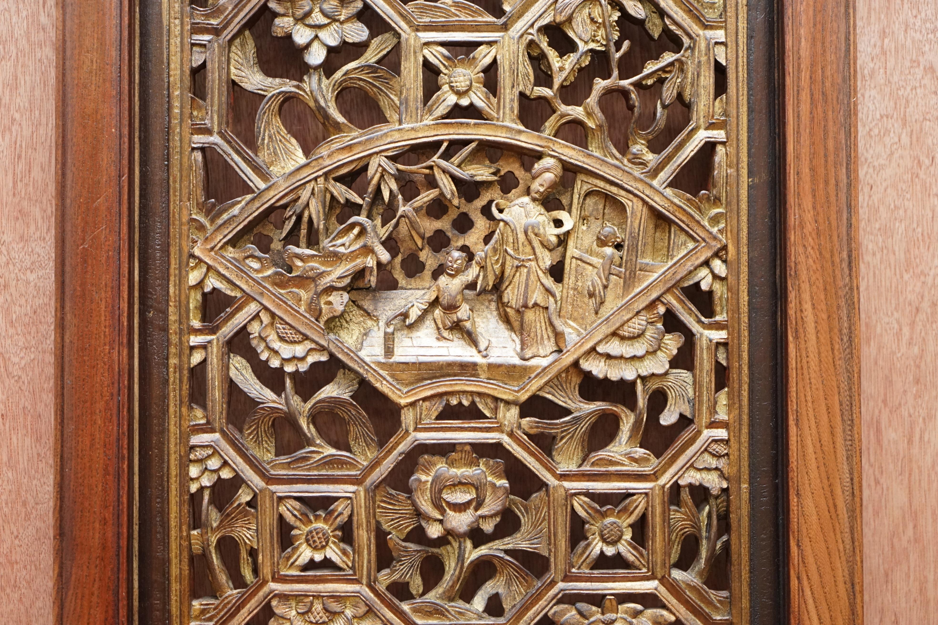 Hand-Carved Chinese Export circa 1900 Gold Leaf Painted Fret Work Carved Wall Panel in Teak For Sale