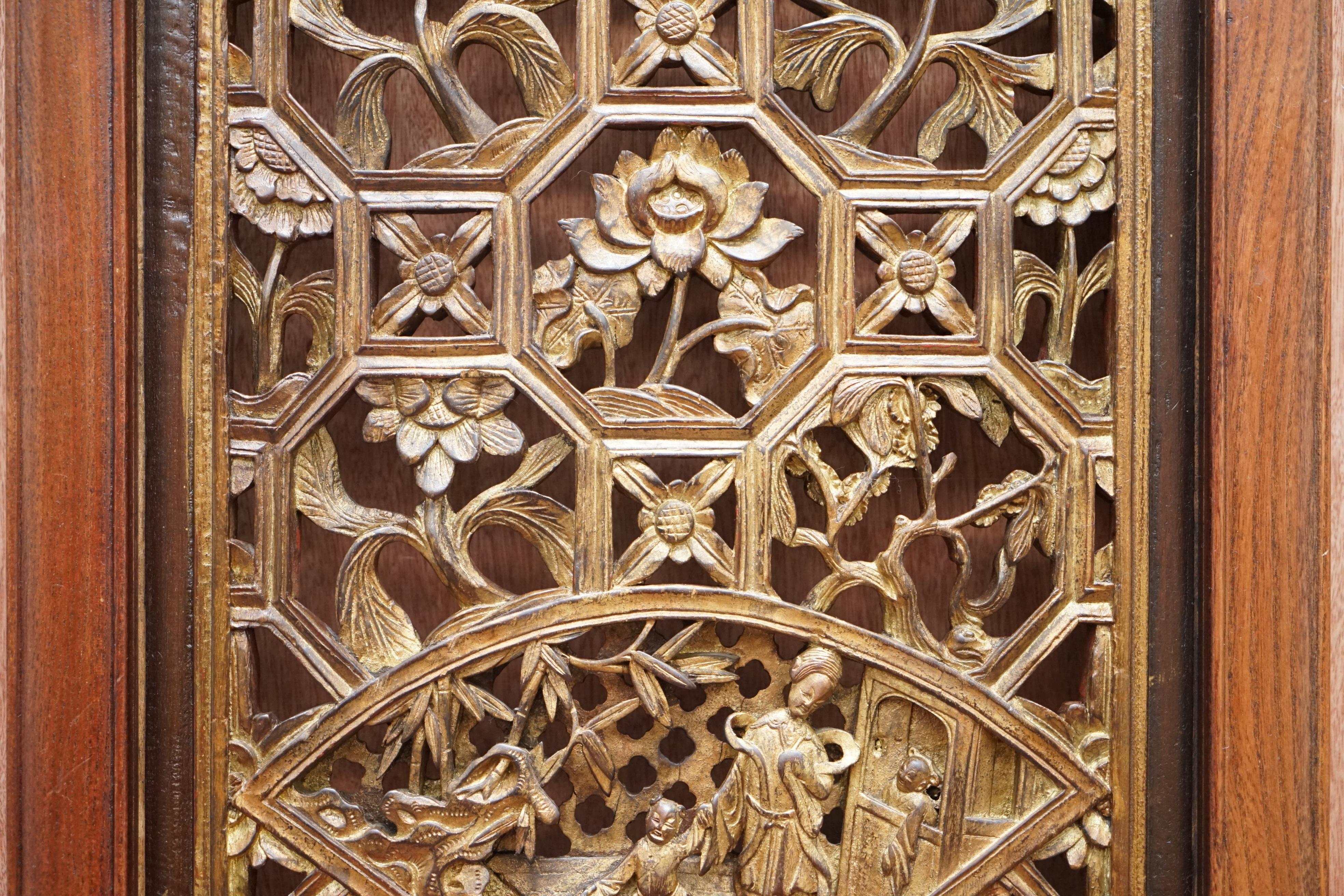 Chinese Export circa 1900 Gold Leaf Painted Fret Work Carved Wall Panel in Teak For Sale 1