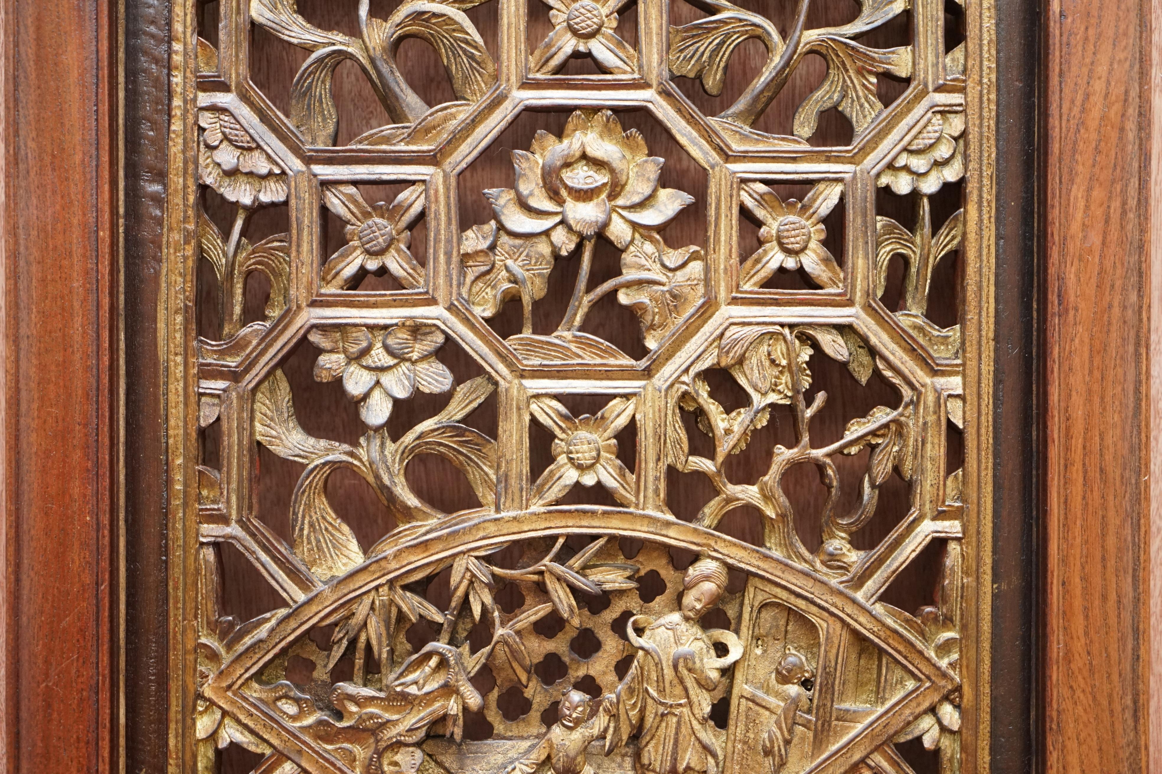 Early 20th Century Chinese Export circa 1900 Gold Leaf Painted Fret Work Carved Wall Panel in Teak For Sale
