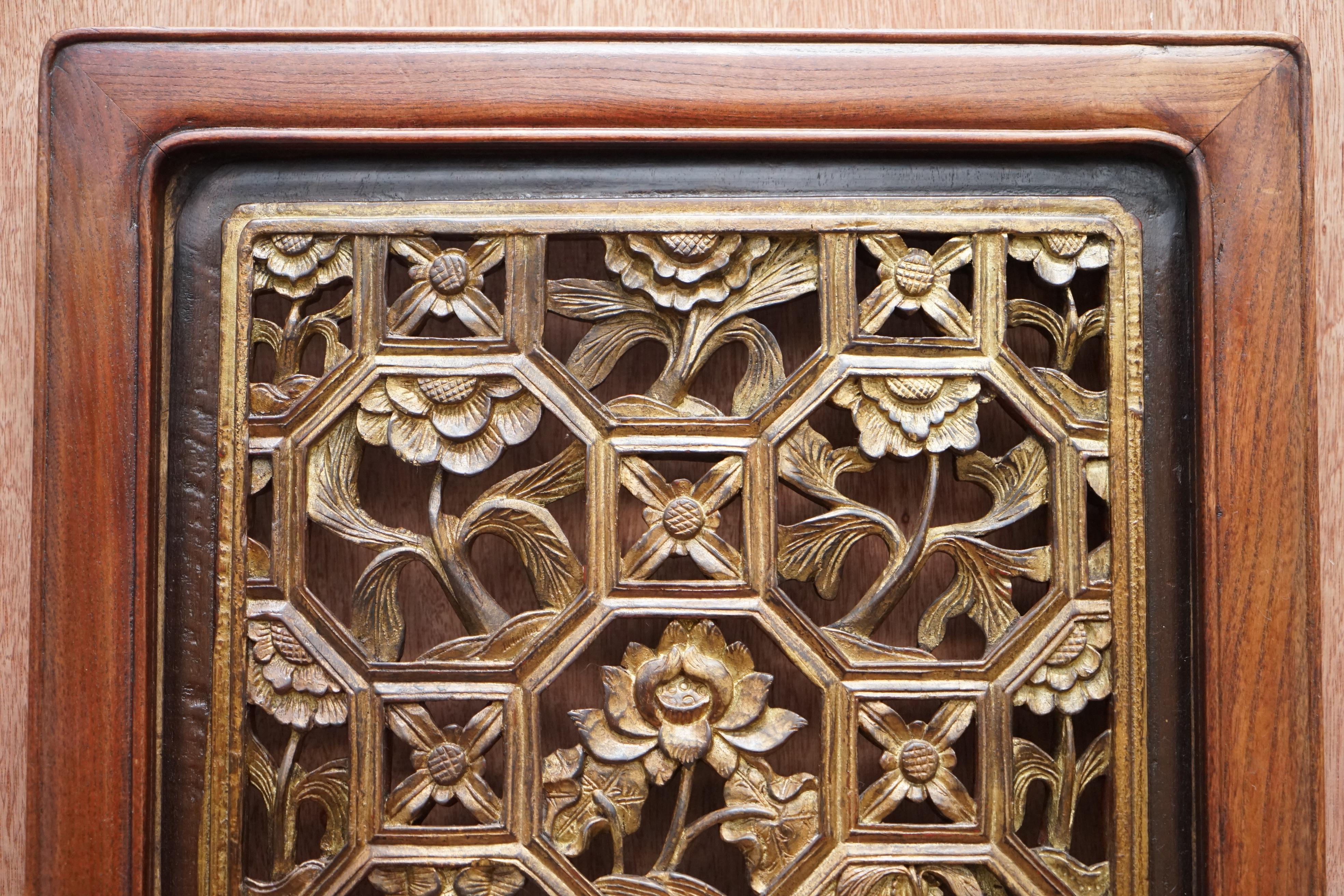 Chinese Export circa 1900 Gold Leaf Painted Fret Work Carved Wall Panel in Teak For Sale 2