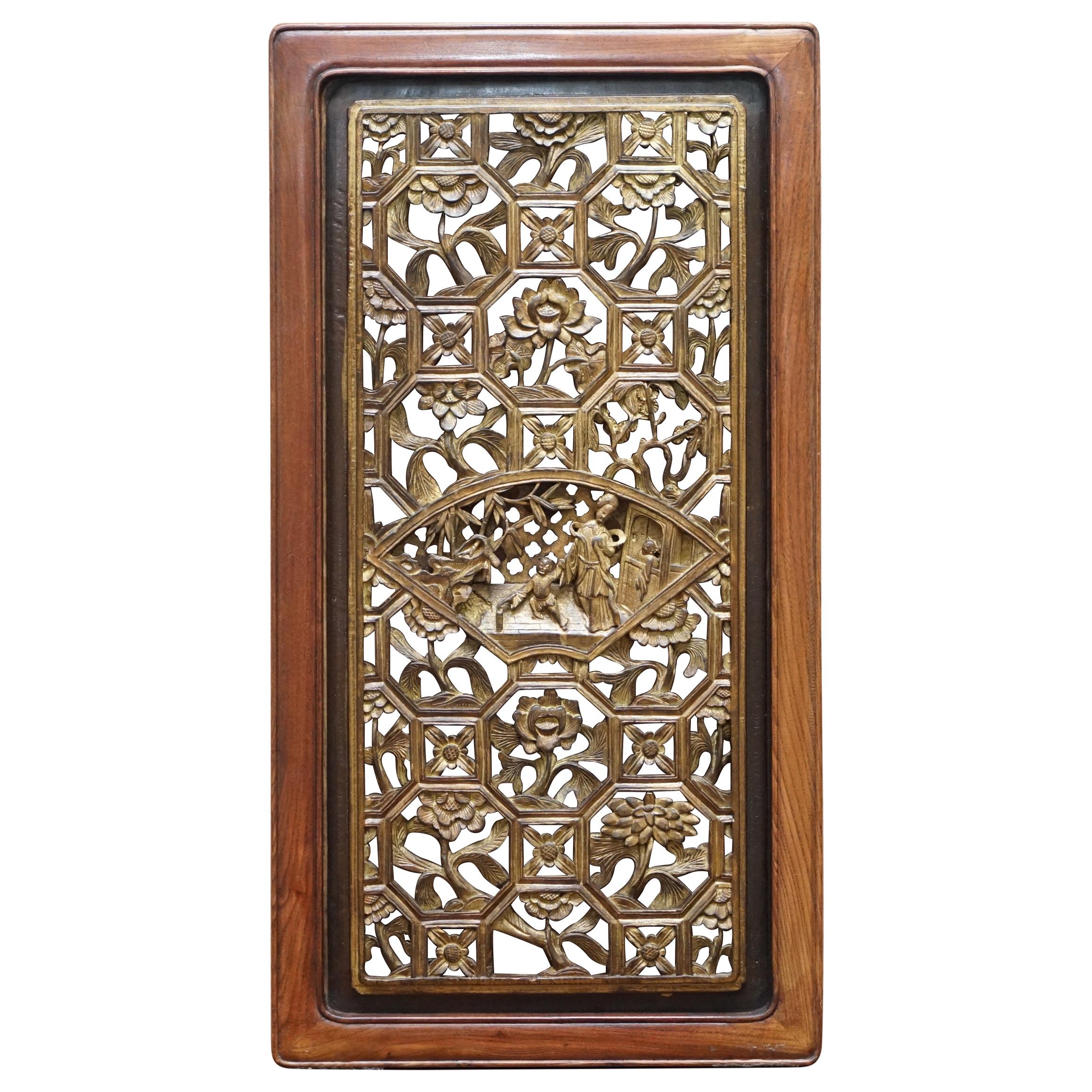 Chinese Export circa 1900 Gold Leaf Painted Fret Work Carved Wall Panel in Teak For Sale