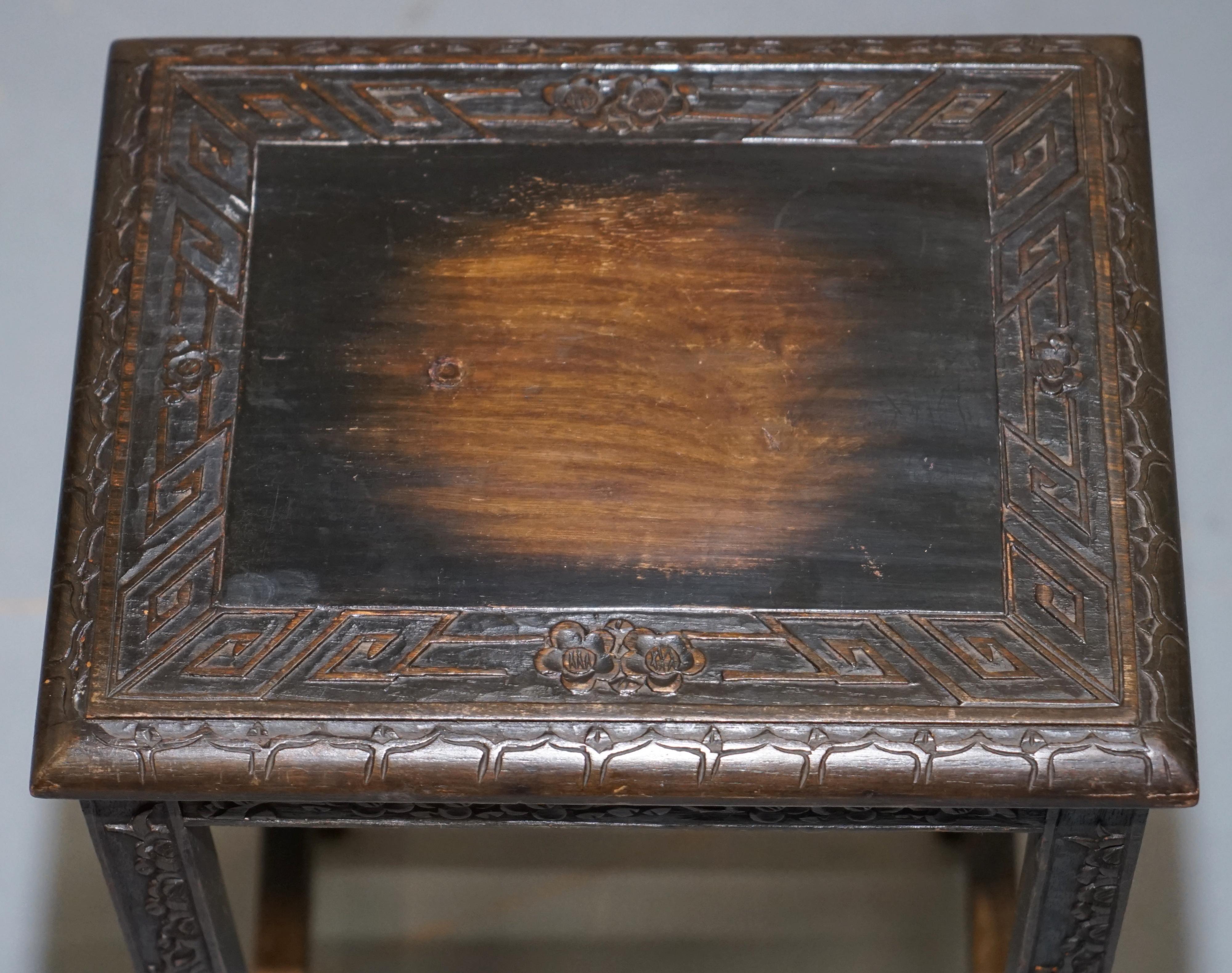 Chinese Export circa 1900 Nest of Three Tables Heavily Carved All-Over Ebonized 8