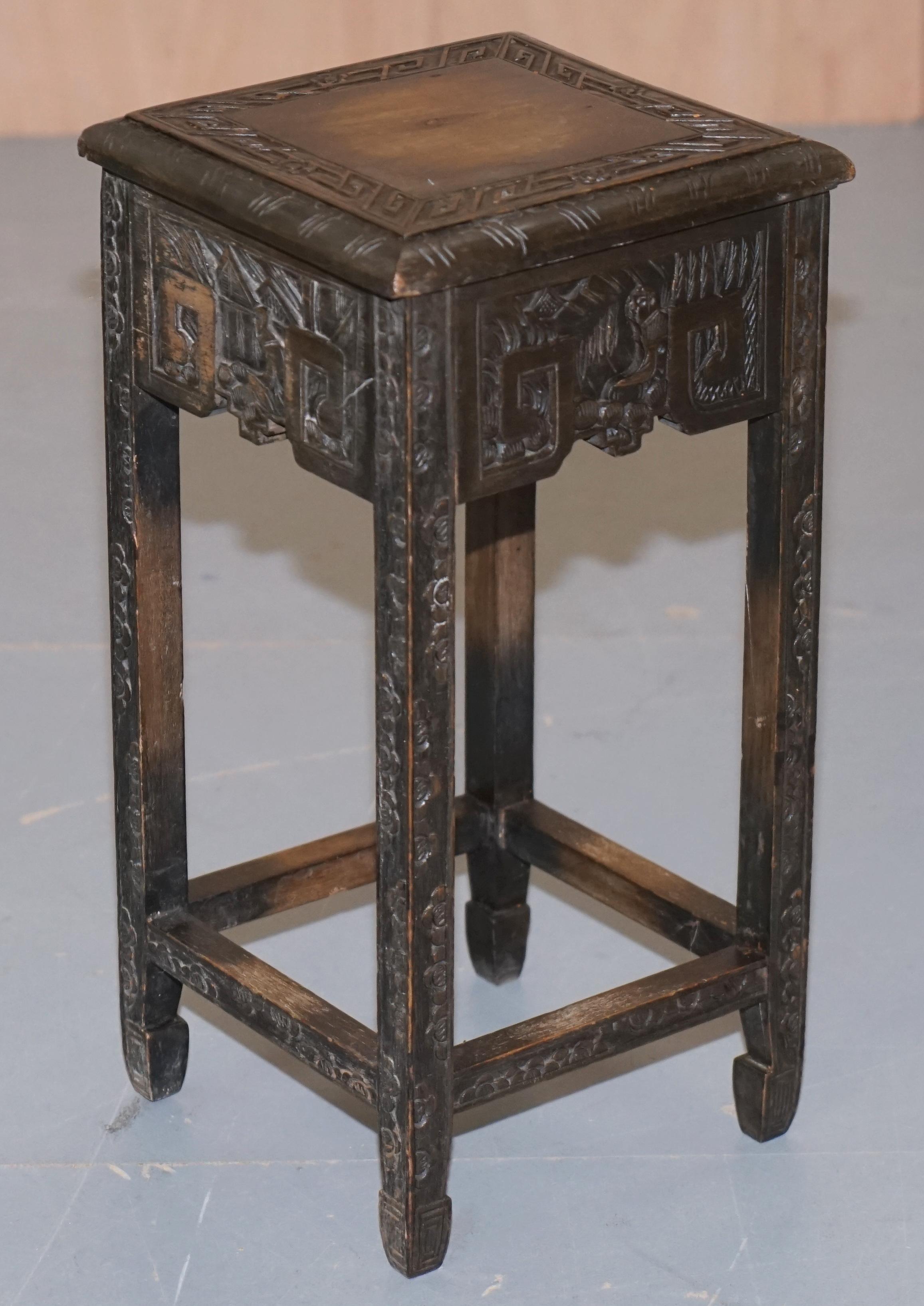 Chinese Export circa 1900 Nest of Three Tables Heavily Carved All-Over Ebonized 12