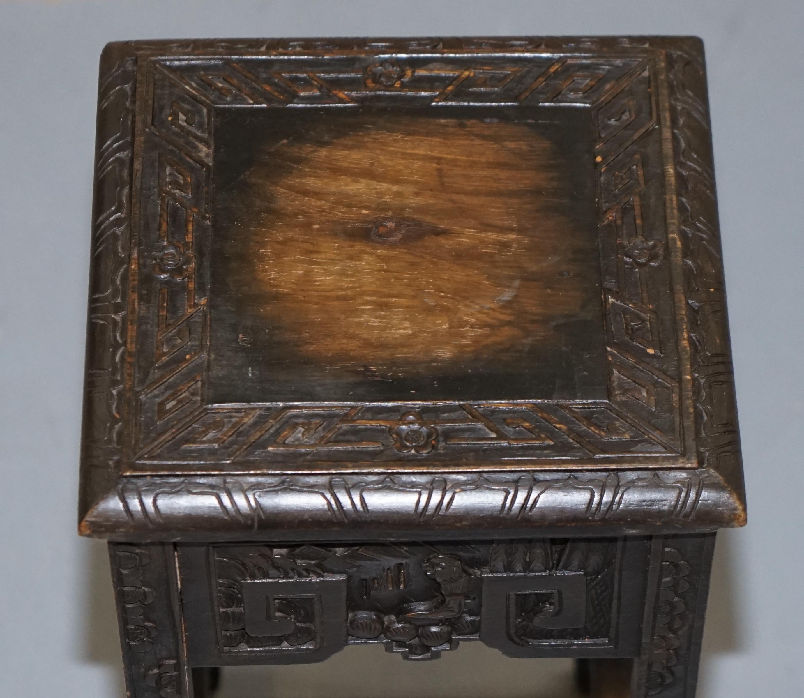 Chinese Export circa 1900 Nest of Three Tables Heavily Carved All-Over Ebonized 14