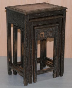 Chinese Export circa 1900 Nest of Three Tables Heavily Carved All-Over Ebonized