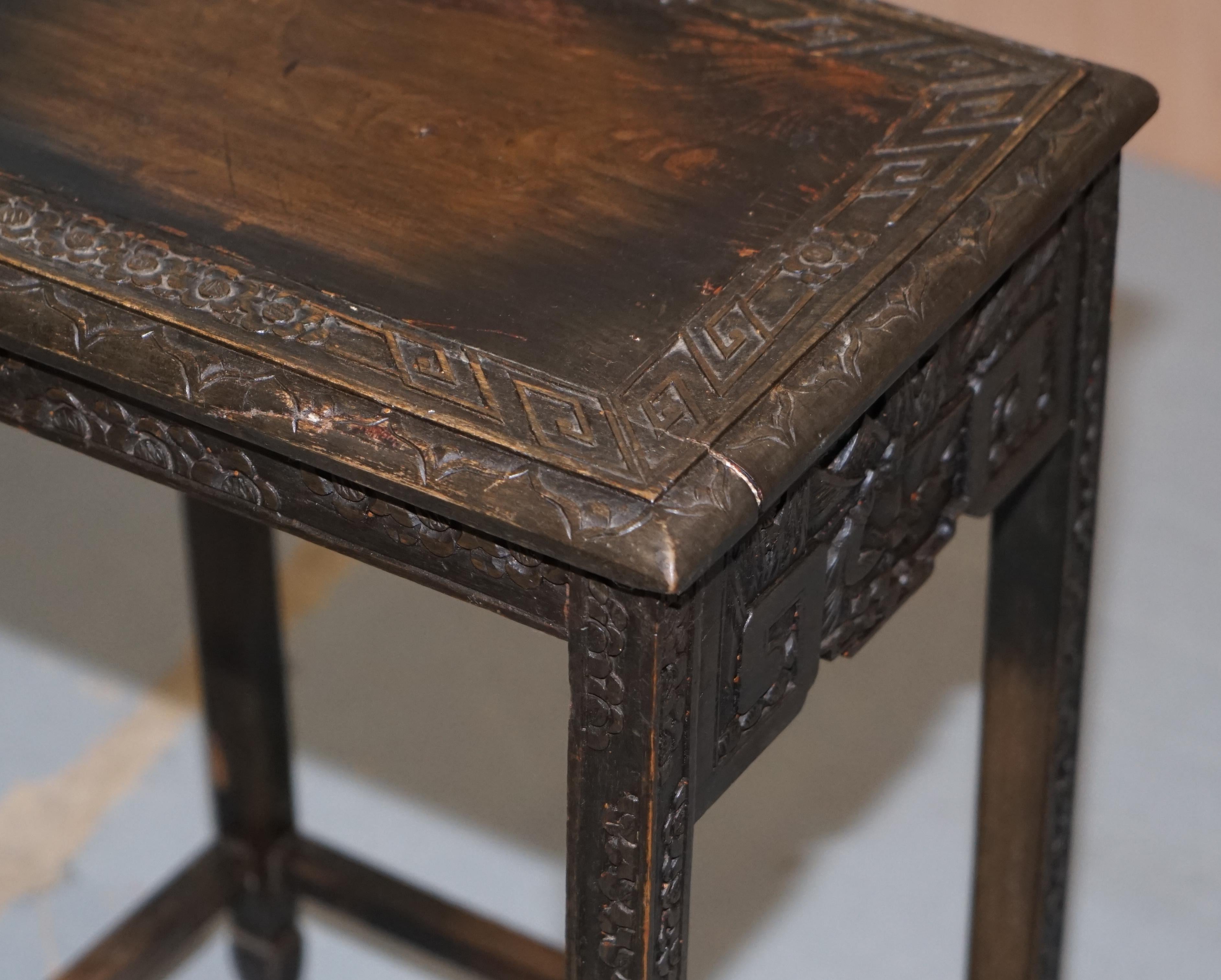 Chinese Export circa 1900 Nest of Three Tables Heavily Carved All-Over Ebonized 1