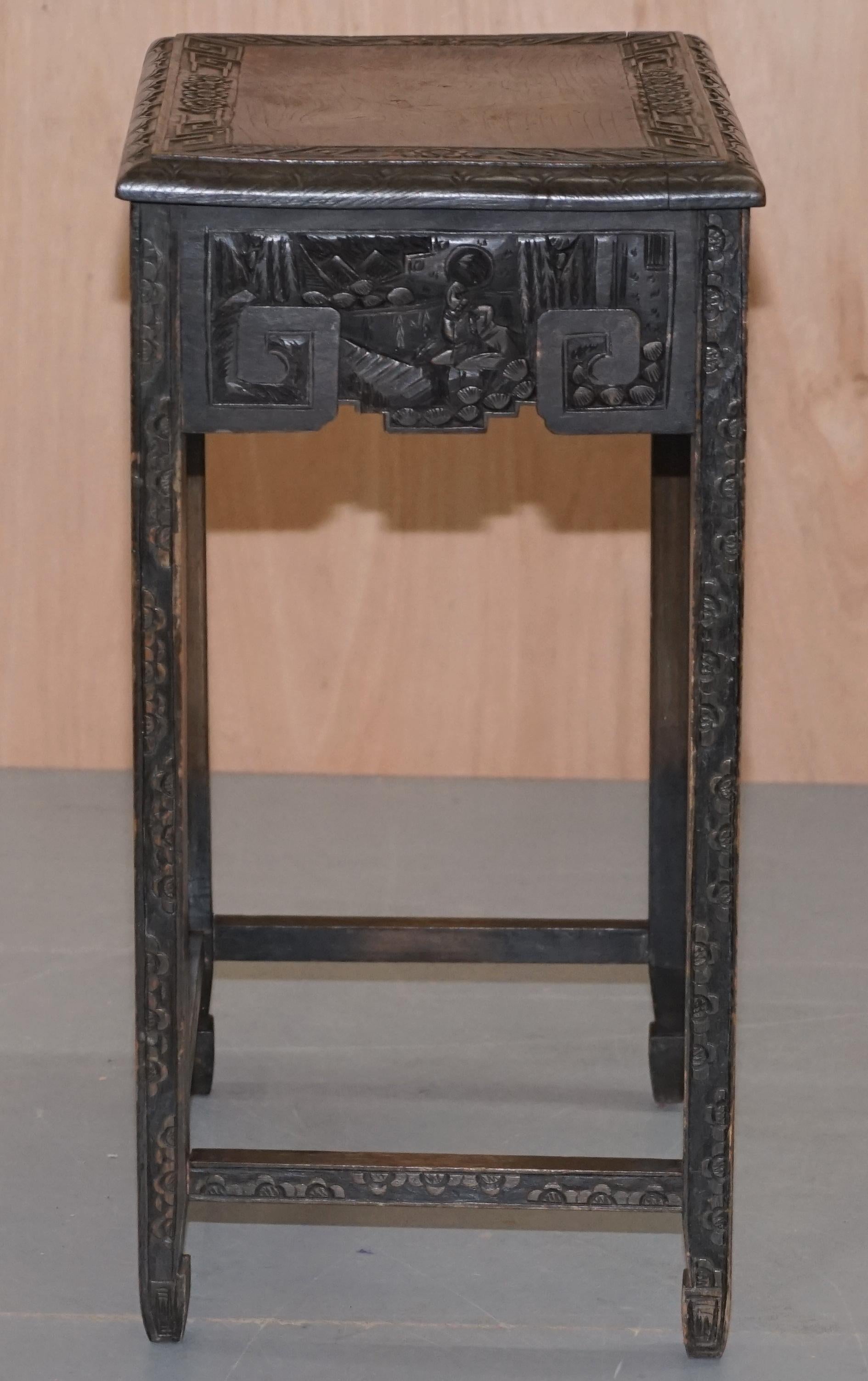 Chinese Export circa 1900 Nest of Three Tables Heavily Carved All-Over Ebonized 4