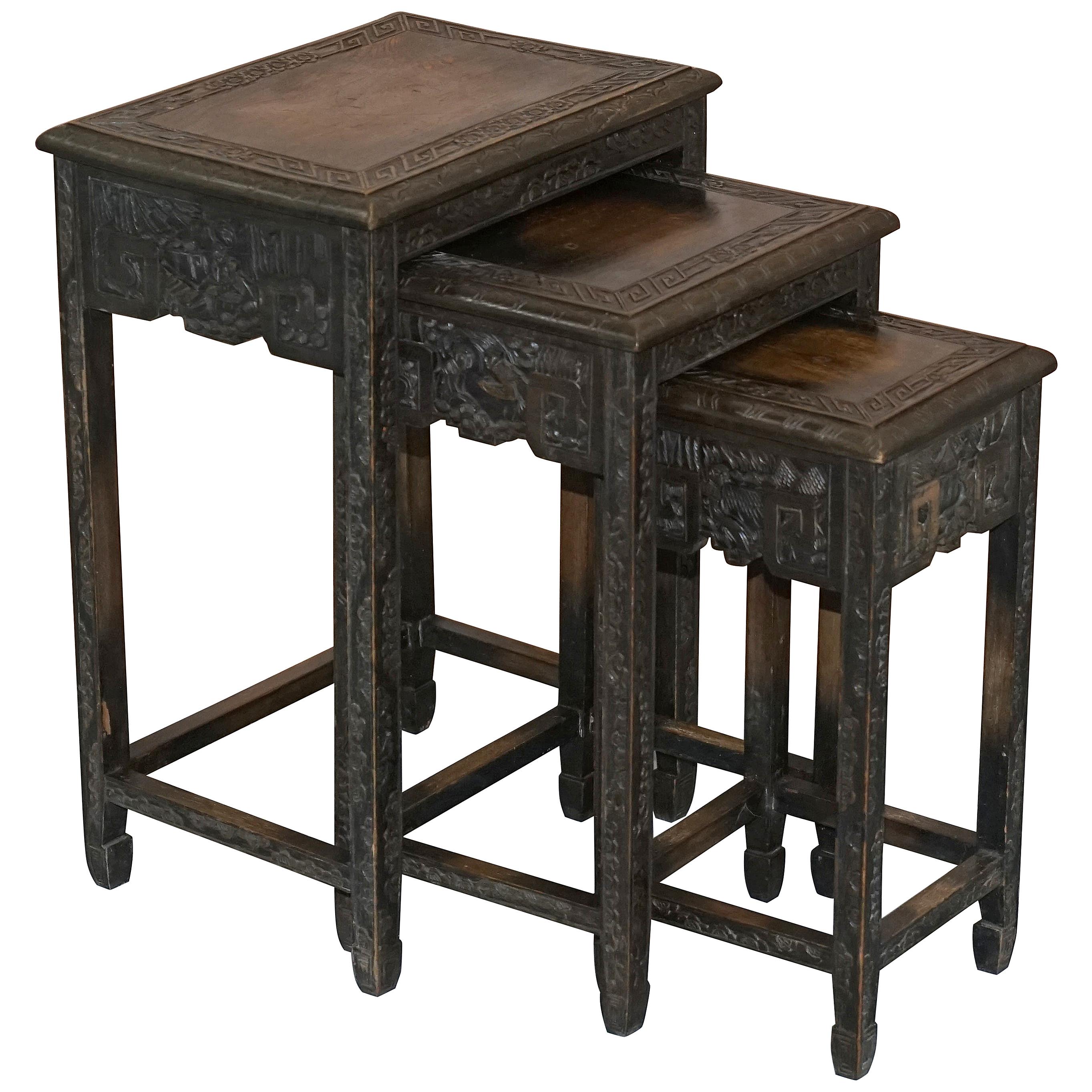 Chinese Export circa 1900 Nest of Three Tables Heavily Carved All-Over Ebonized
