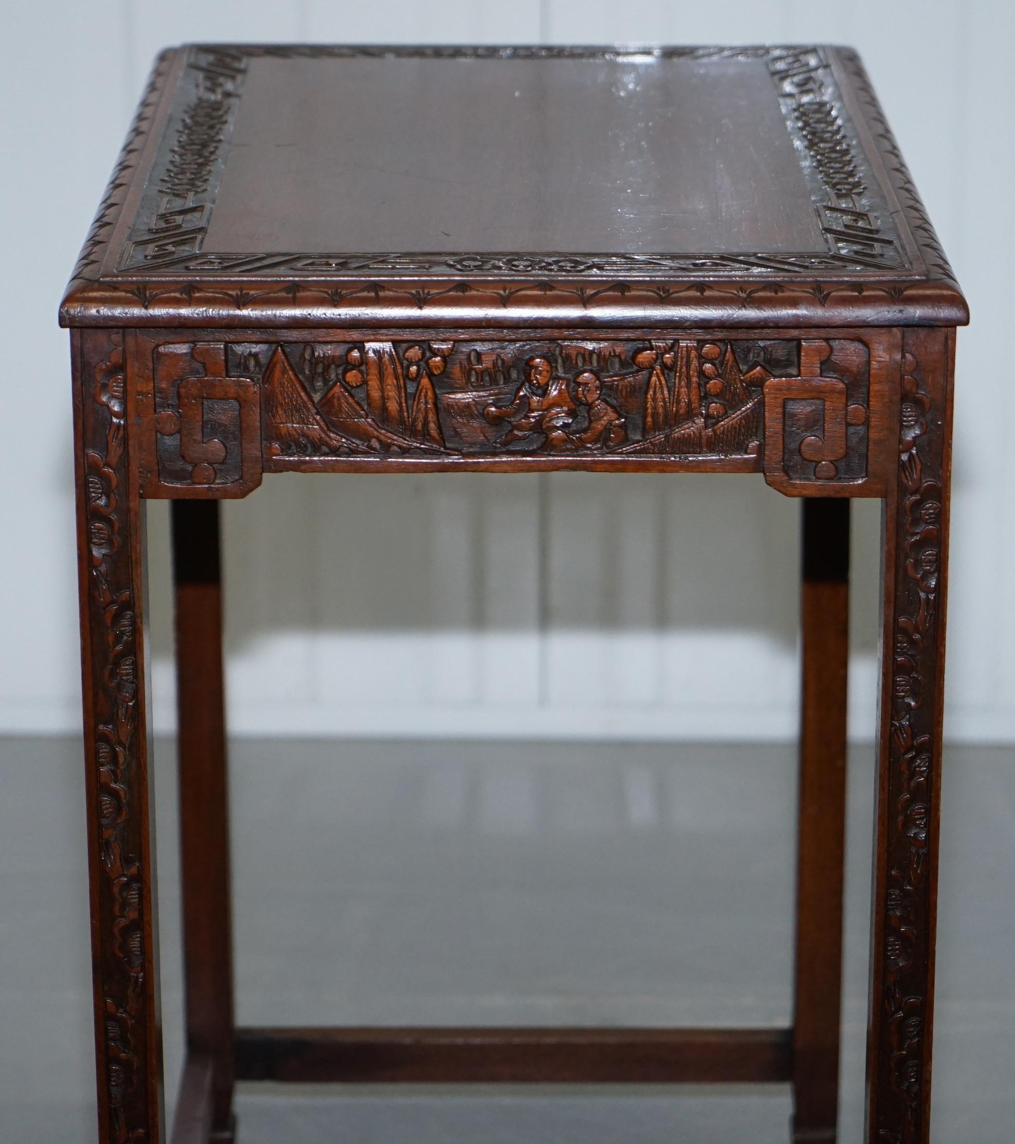 Chinese Export circa 1930s Nest of Four Tables Heavily Carved All over in Teak 7