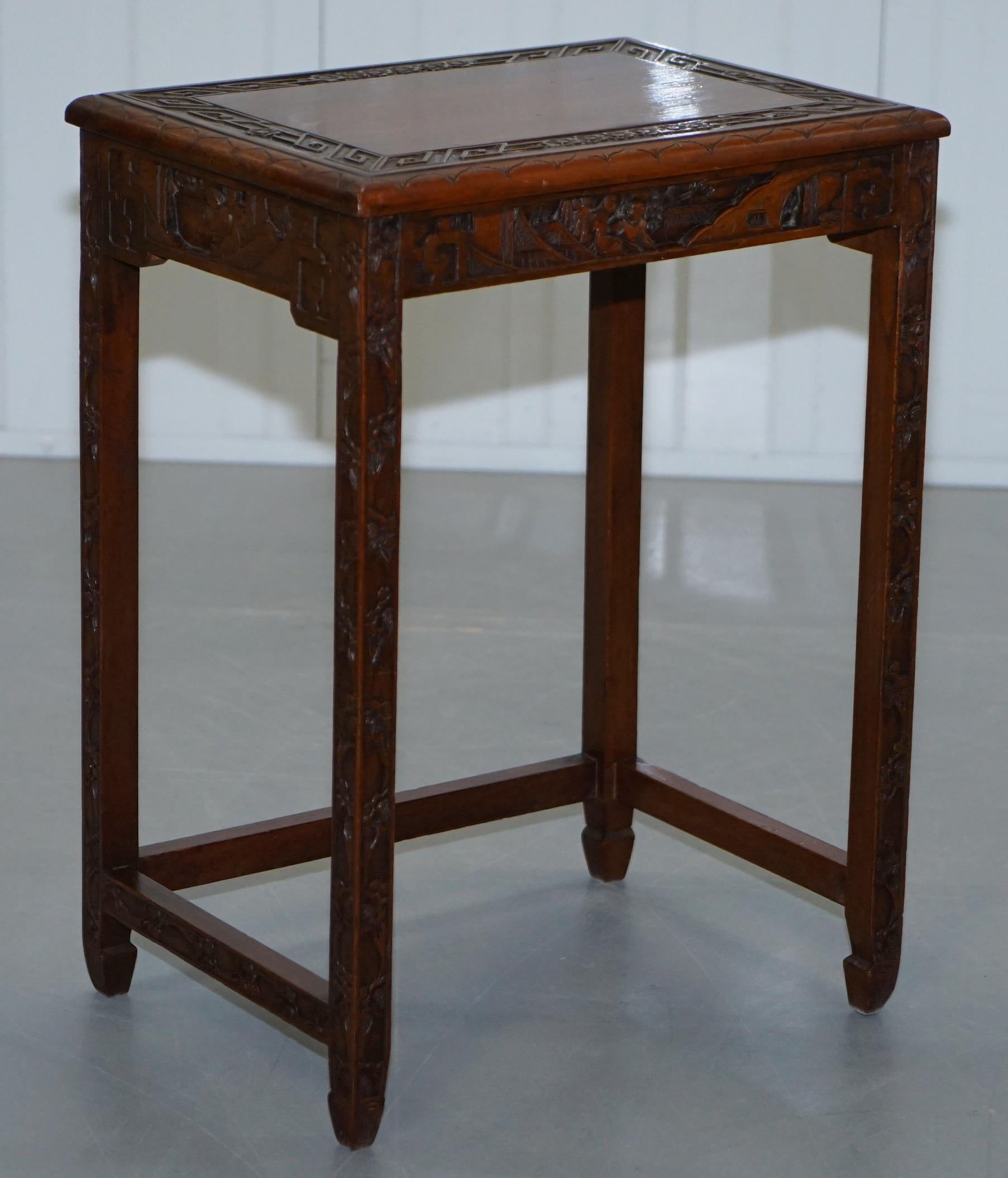 Chinese Export circa 1930s Nest of Four Tables Heavily Carved All over in Teak 8