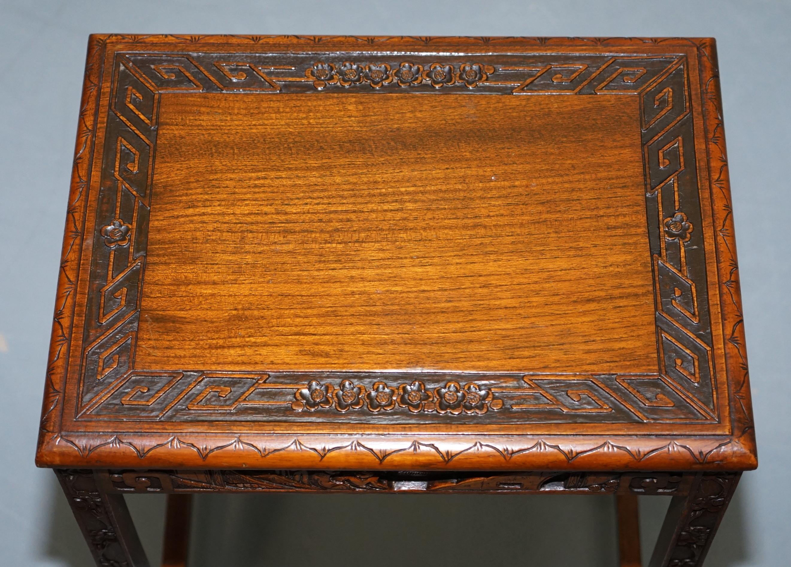 Chinese Export circa 1930s Nest of Four Tables Heavily Carved All over in Teak 9