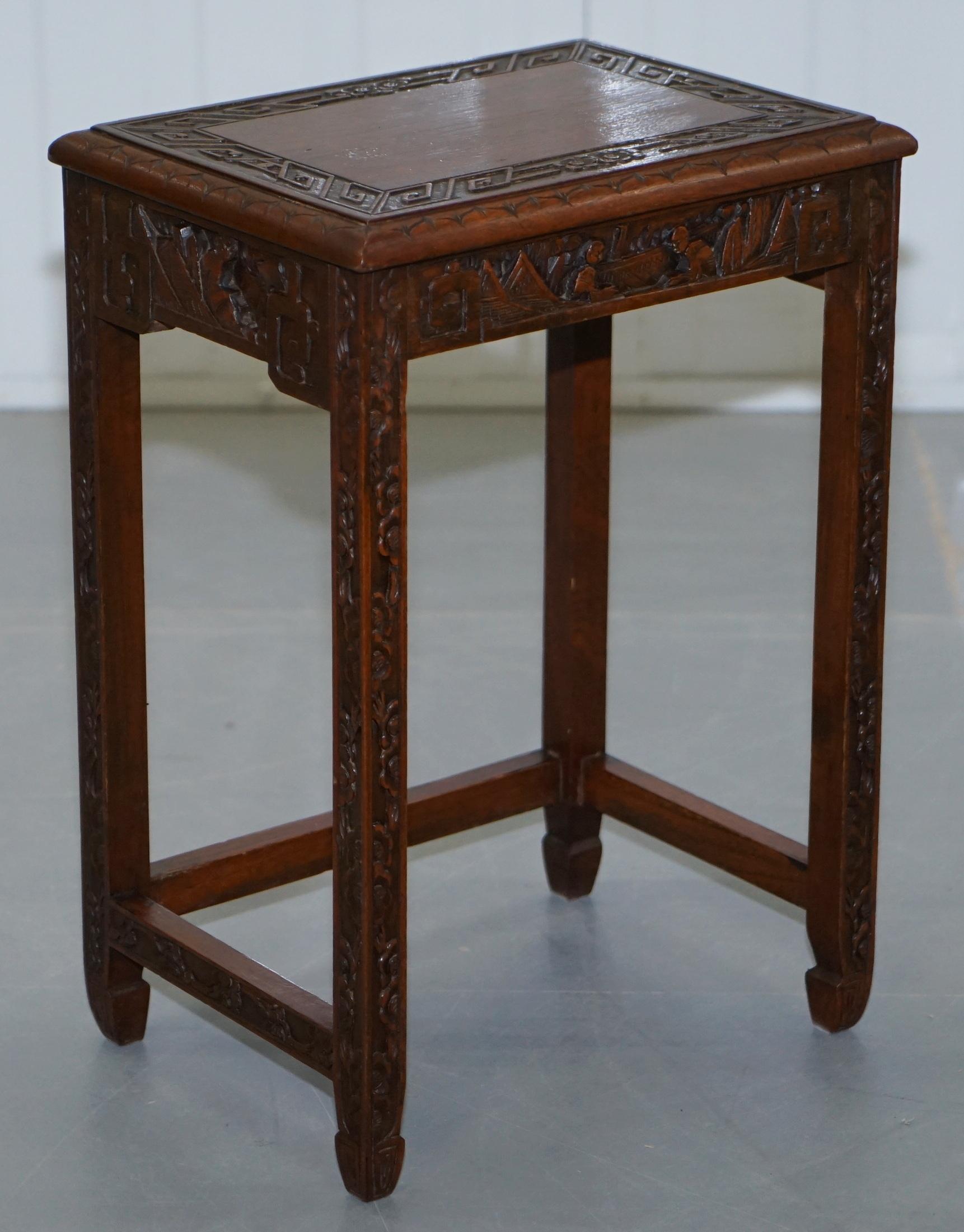 Chinese Export circa 1930s Nest of Four Tables Heavily Carved All over in Teak 9