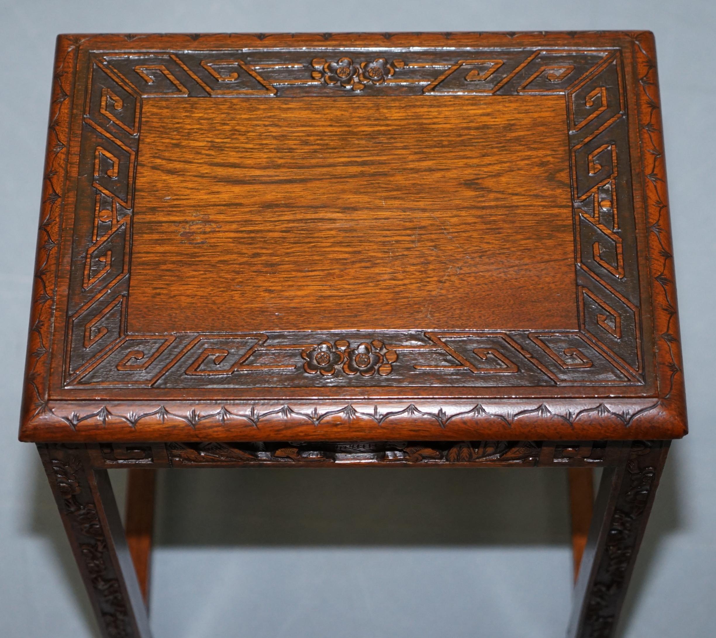 Chinese Export circa 1930s Nest of Four Tables Heavily Carved All over in Teak 12