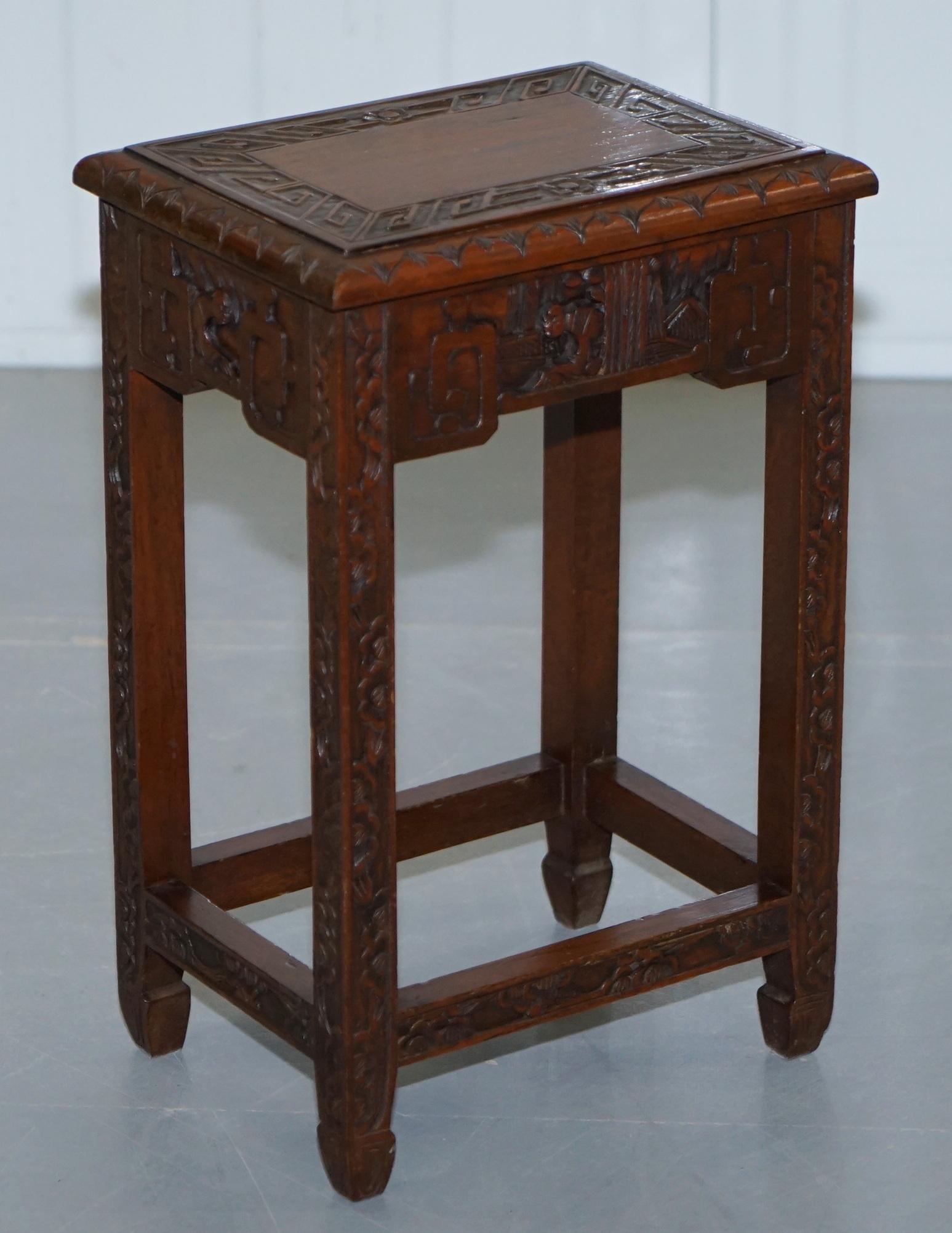 Chinese Export circa 1930s Nest of Four Tables Heavily Carved All over in Teak 13