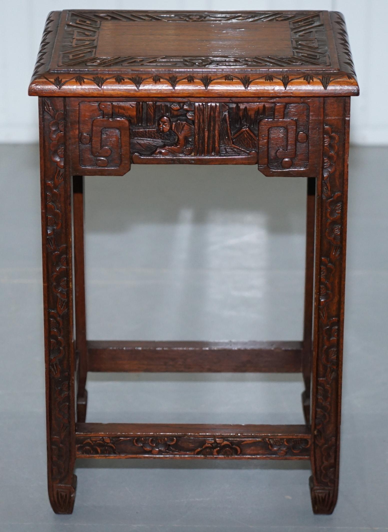 Chinese Export circa 1930s Nest of Four Tables Heavily Carved All over in Teak 14