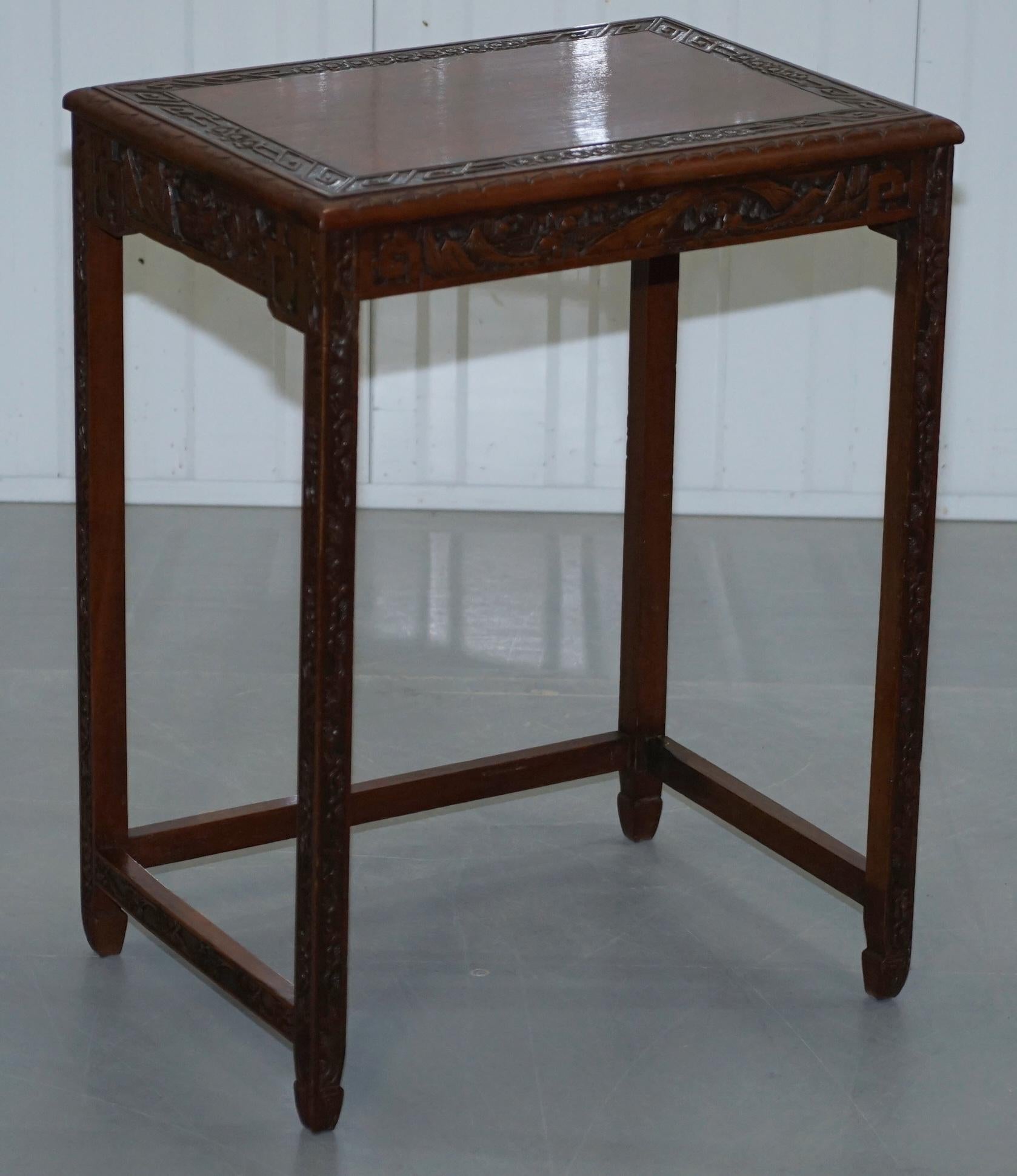 Chinese Export circa 1930s Nest of Four Tables Heavily Carved All over in Teak 1