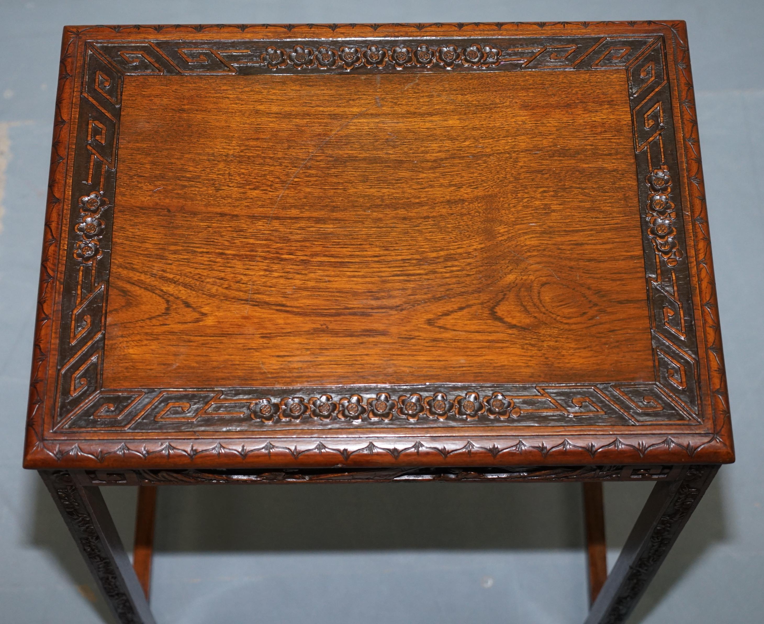 Chinese Export circa 1930s Nest of Four Tables Heavily Carved All over in Teak 2