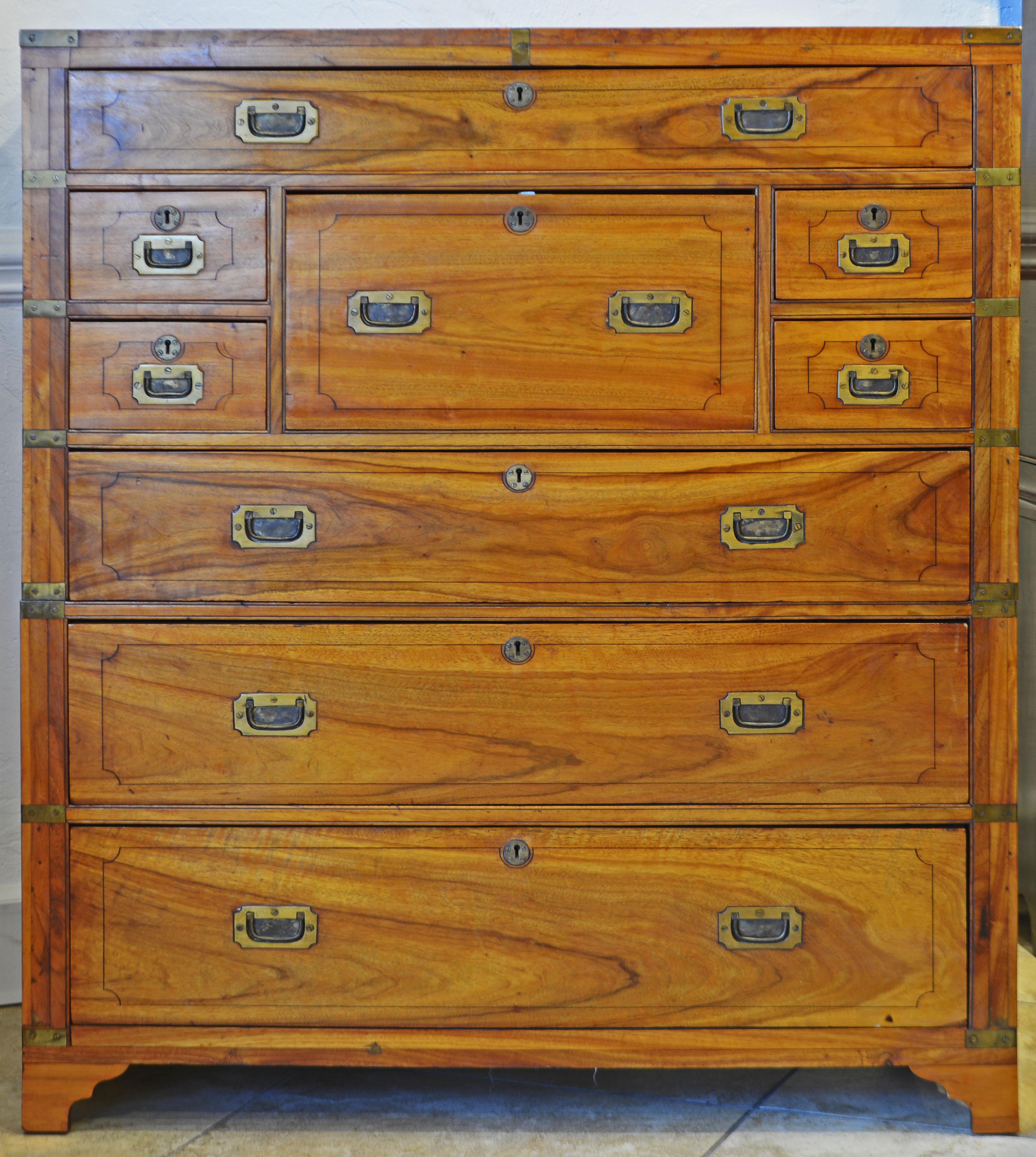 Chinese Export Colonial Camphor Wood Campaign Chest and Secretaire, circa 1840 In Good Condition In Ft. Lauderdale, FL