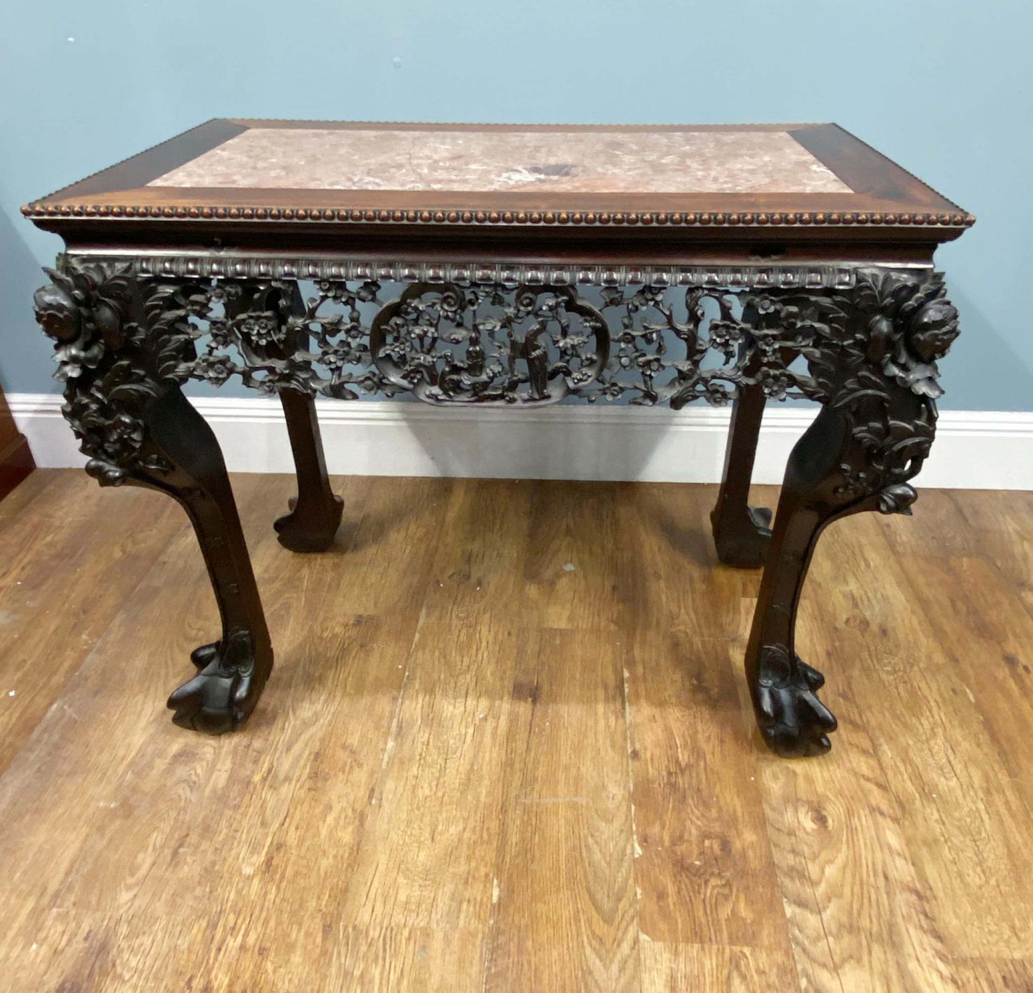 Mesa consola china de exportación de madera dura tallada antigua 1840 en venta 4