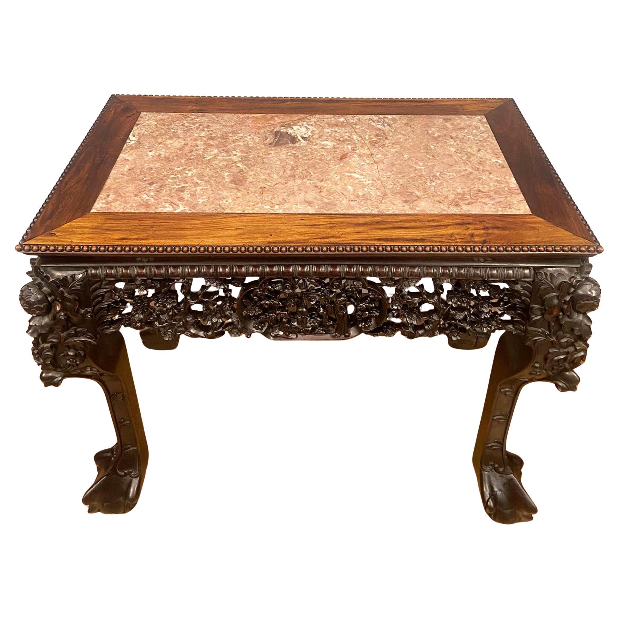 Mesa consola china de exportación de madera dura tallada antigua 1840 en venta