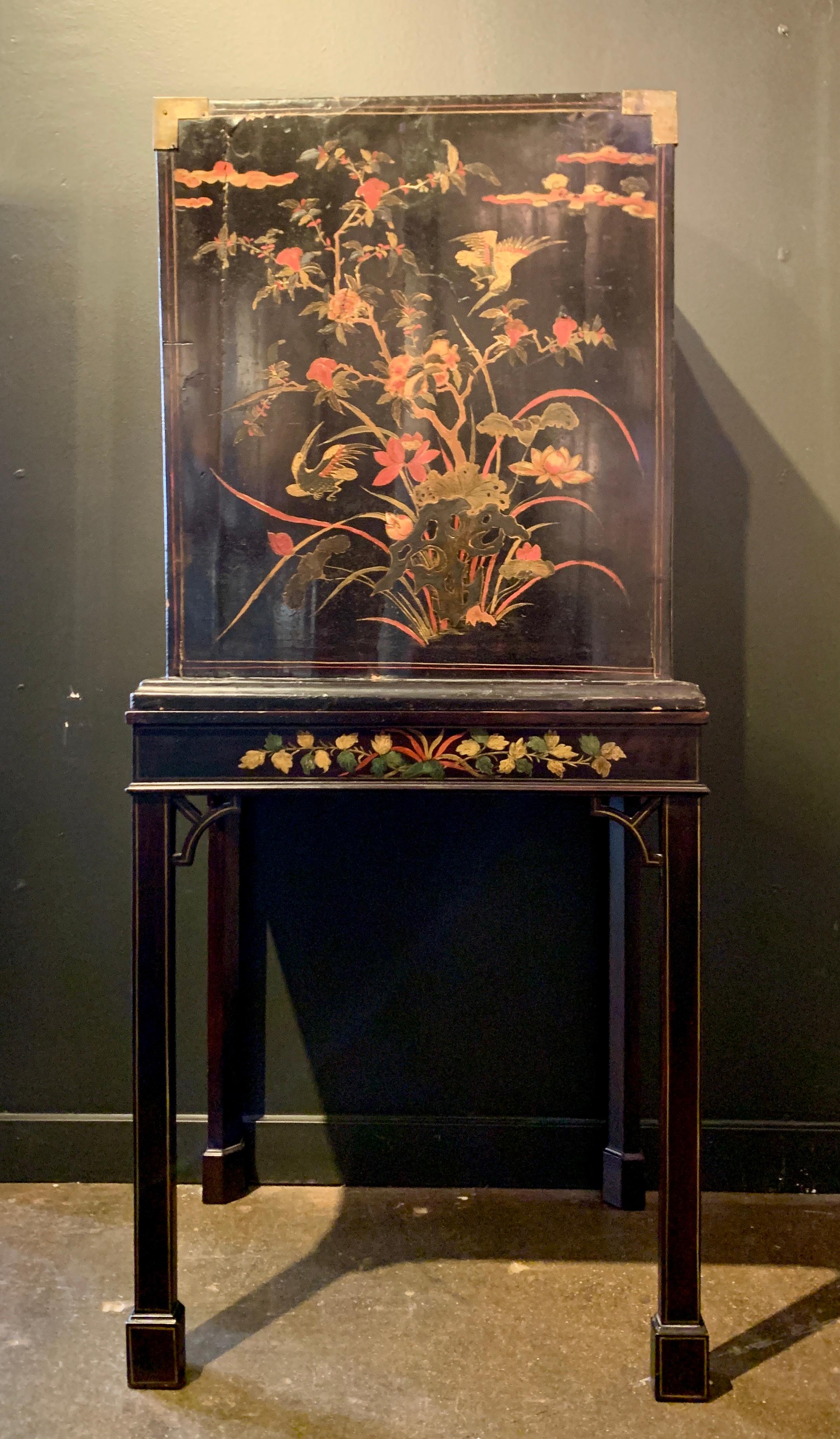 Brass Chinese Export Coromandel Lacquer Cabinet on Stand, Mid-19th Century, China For Sale