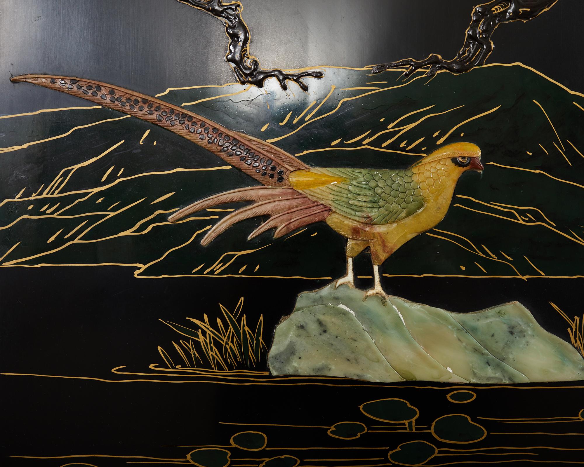 Chinese Export Coromandel Screen Soapstone Landscape with Cranes For Sale 8