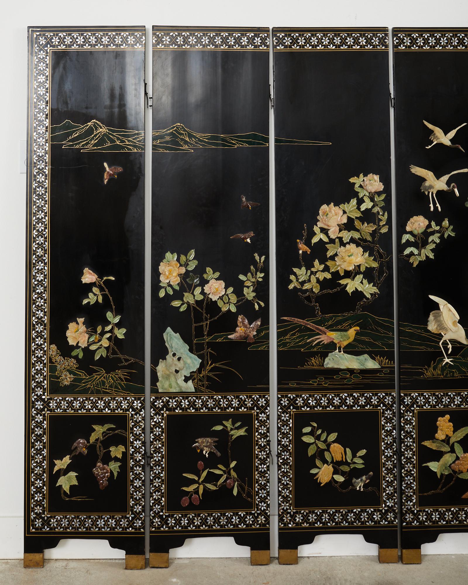 Lacquered Chinese Export Coromandel Screen Soapstone Landscape with Cranes For Sale