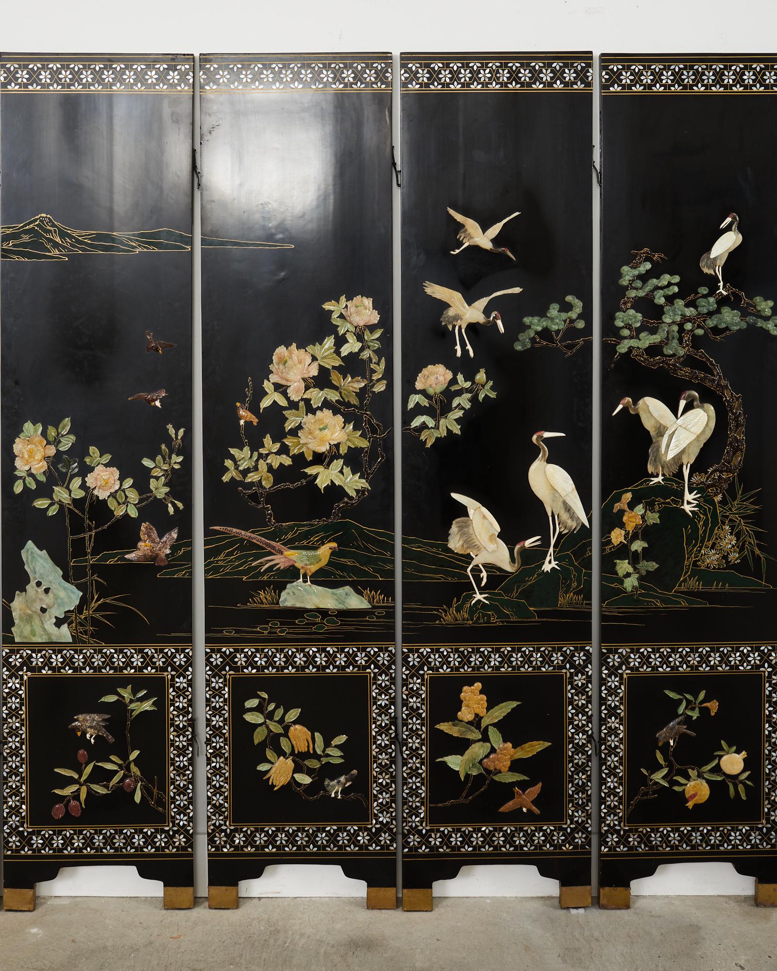 Chinese Export Coromandel Screen Soapstone Landscape with Cranes In Good Condition For Sale In Rio Vista, CA