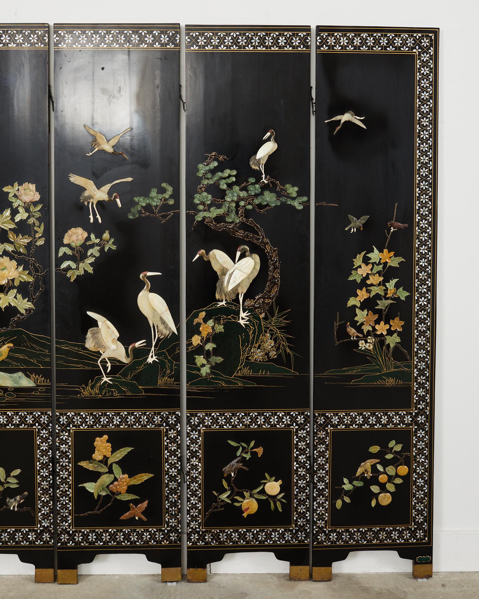 20th Century Chinese Export Coromandel Screen Soapstone Landscape with Cranes For Sale