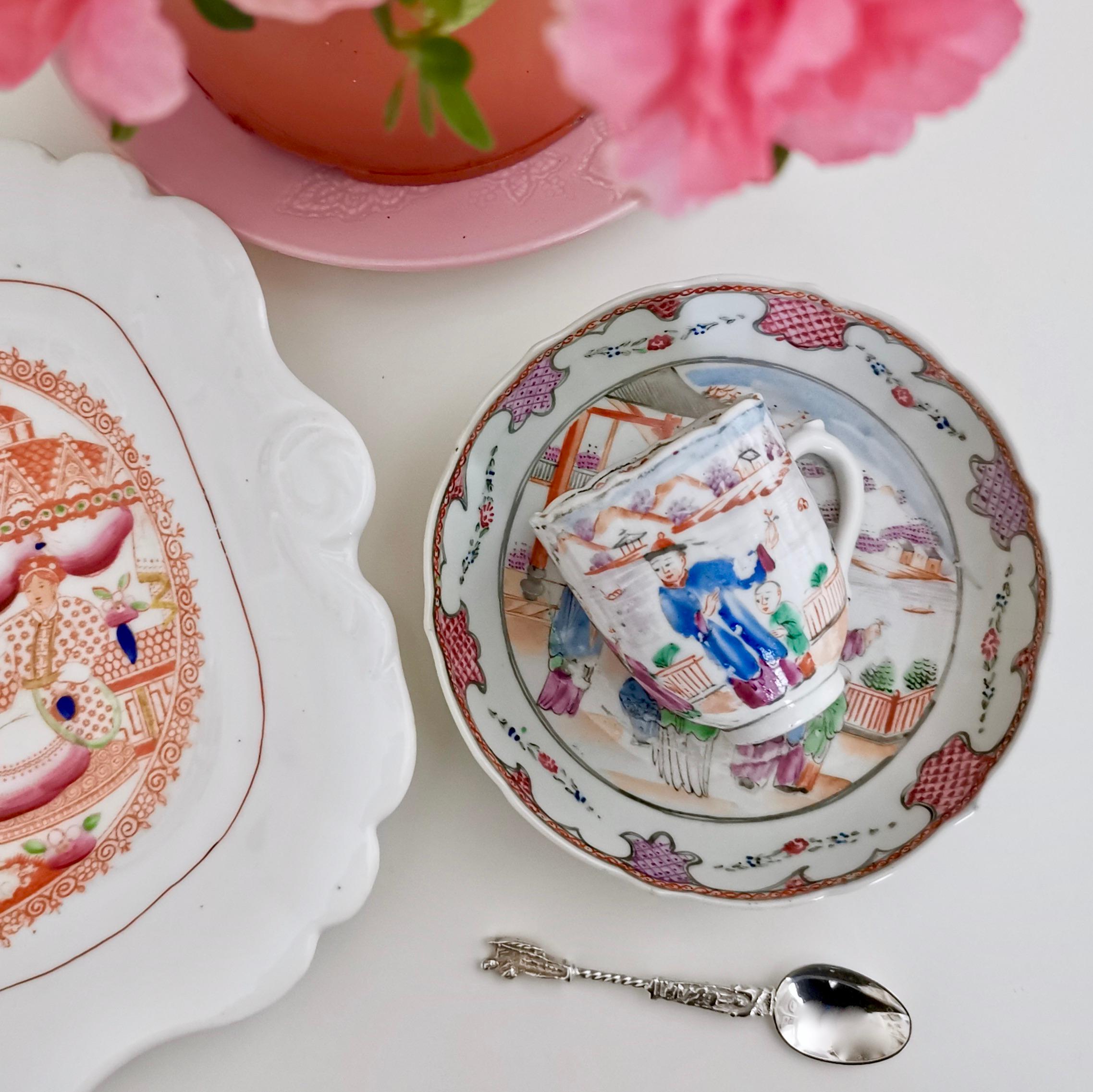 This is a beautiful coffee cup and saucer made in China and then decorated in London. It dates from the Qianlong period, between circa 1760 and 1780.

The items are potted in sturdy greyish porcelain, the surface slightly ribbed and with a