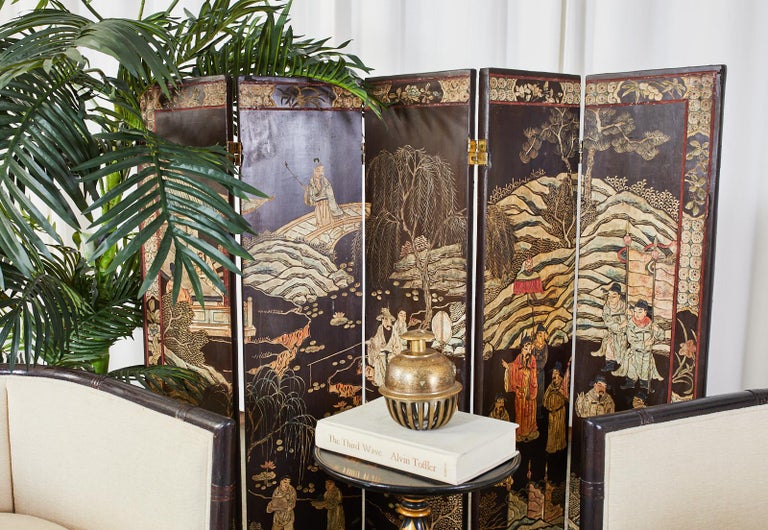 Chinese Export Diminutive Lacquered Five Panel Coromandel Screen For Sale 11