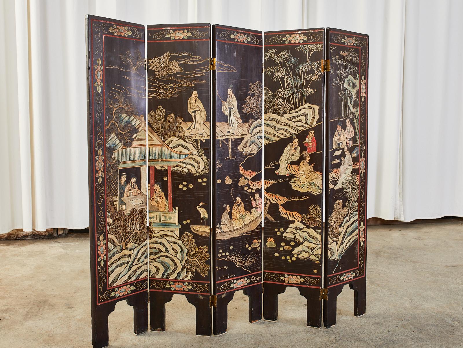 Chinese Export Diminutive Lacquered Five Panel Coromandel Screen 15