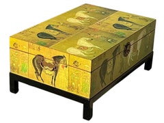 Chinese Export Dowry Box / Trunk On Stand Or Coffee Table Depicting Horses.
