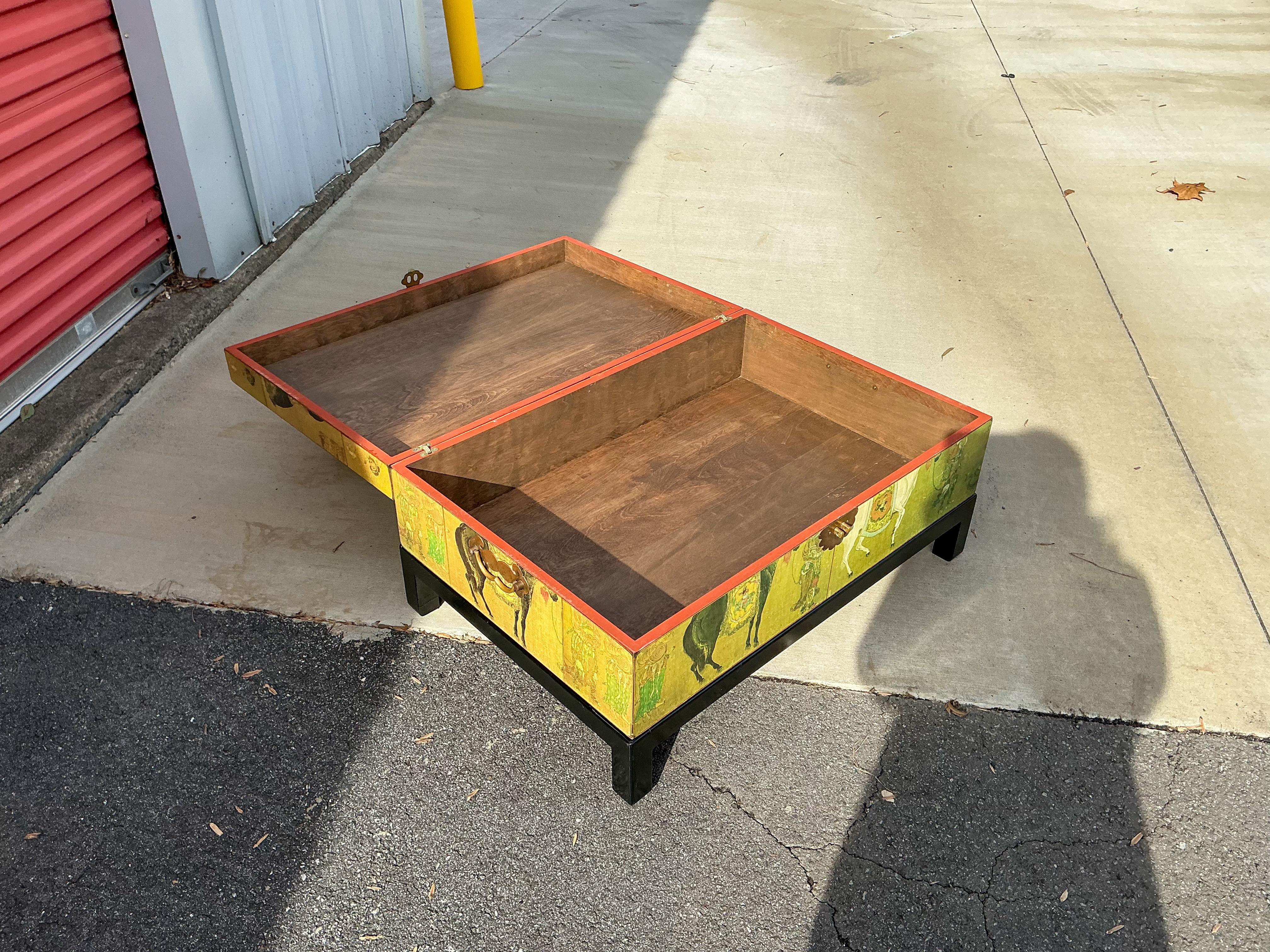 Chinese Export Dowry Box / Trunk On Stand Or Coffee Table Depicting Horses. In Good Condition For Sale In Kennesaw, GA
