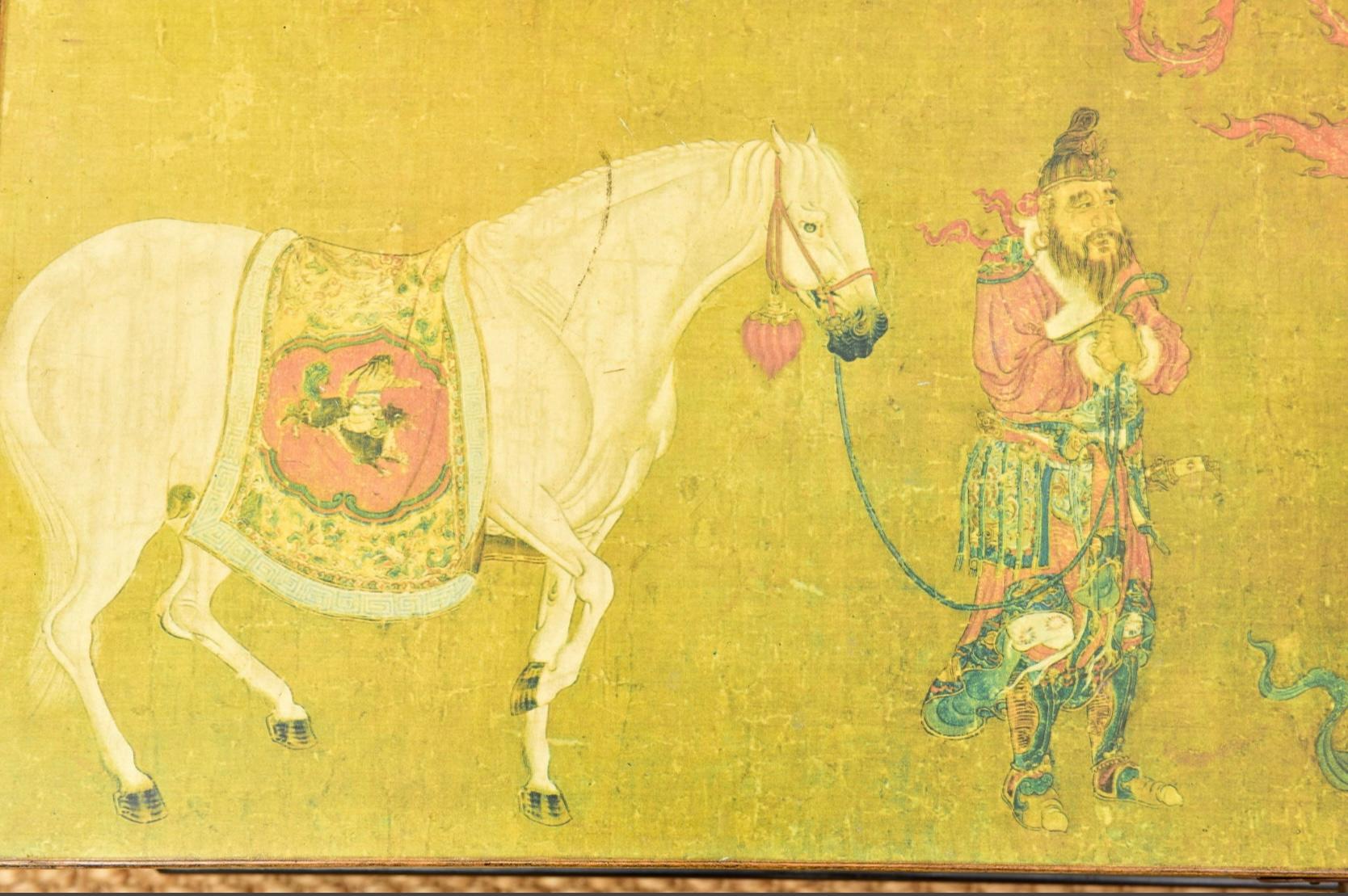 20th Century Chinese Export Dowry Box / Trunk On Stand Or Coffee Table Depicting Horses. For Sale