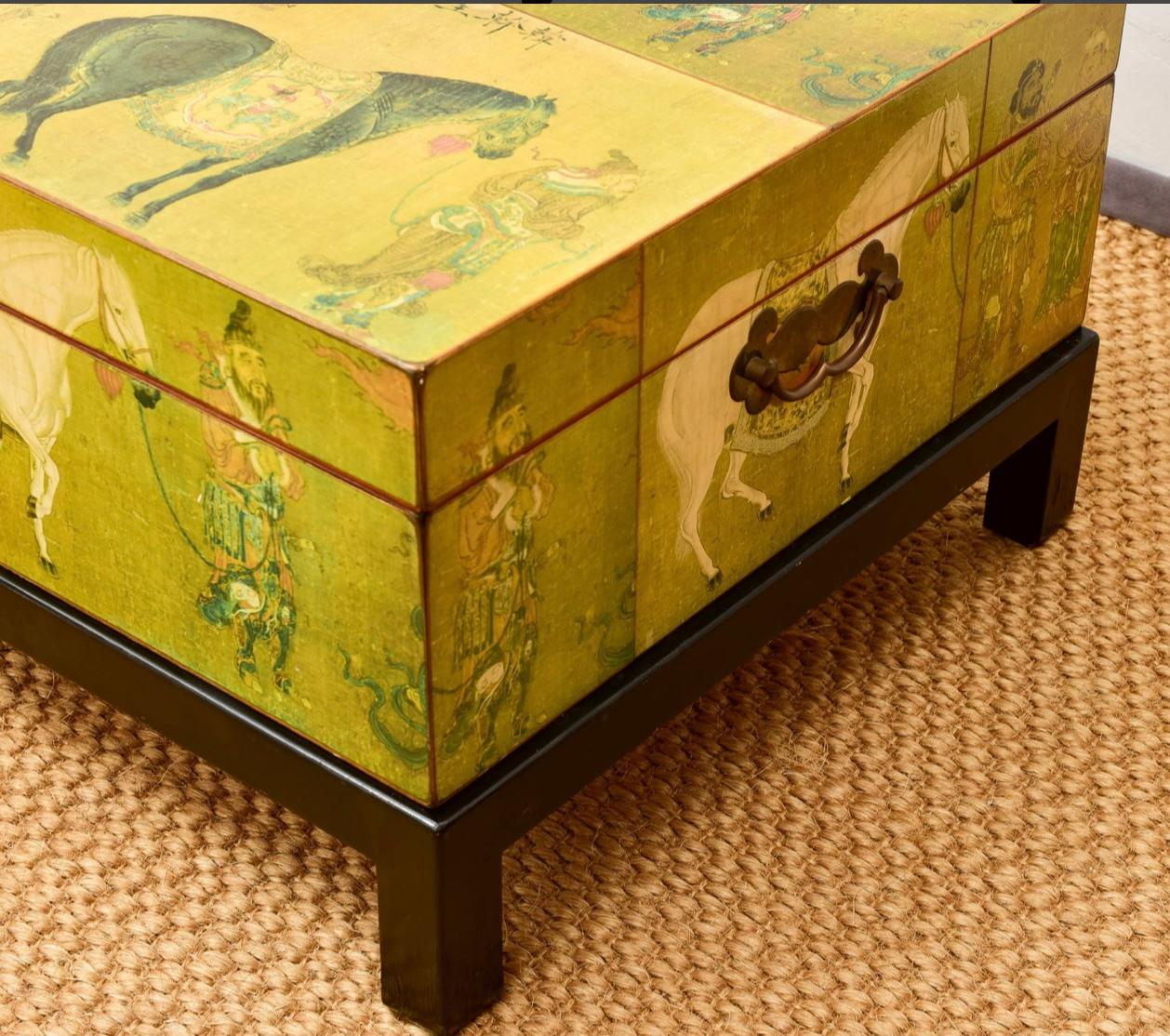 Chinese Export Dowry Box / Trunk On Stand Or Coffee Table Depicting Horses. For Sale 1