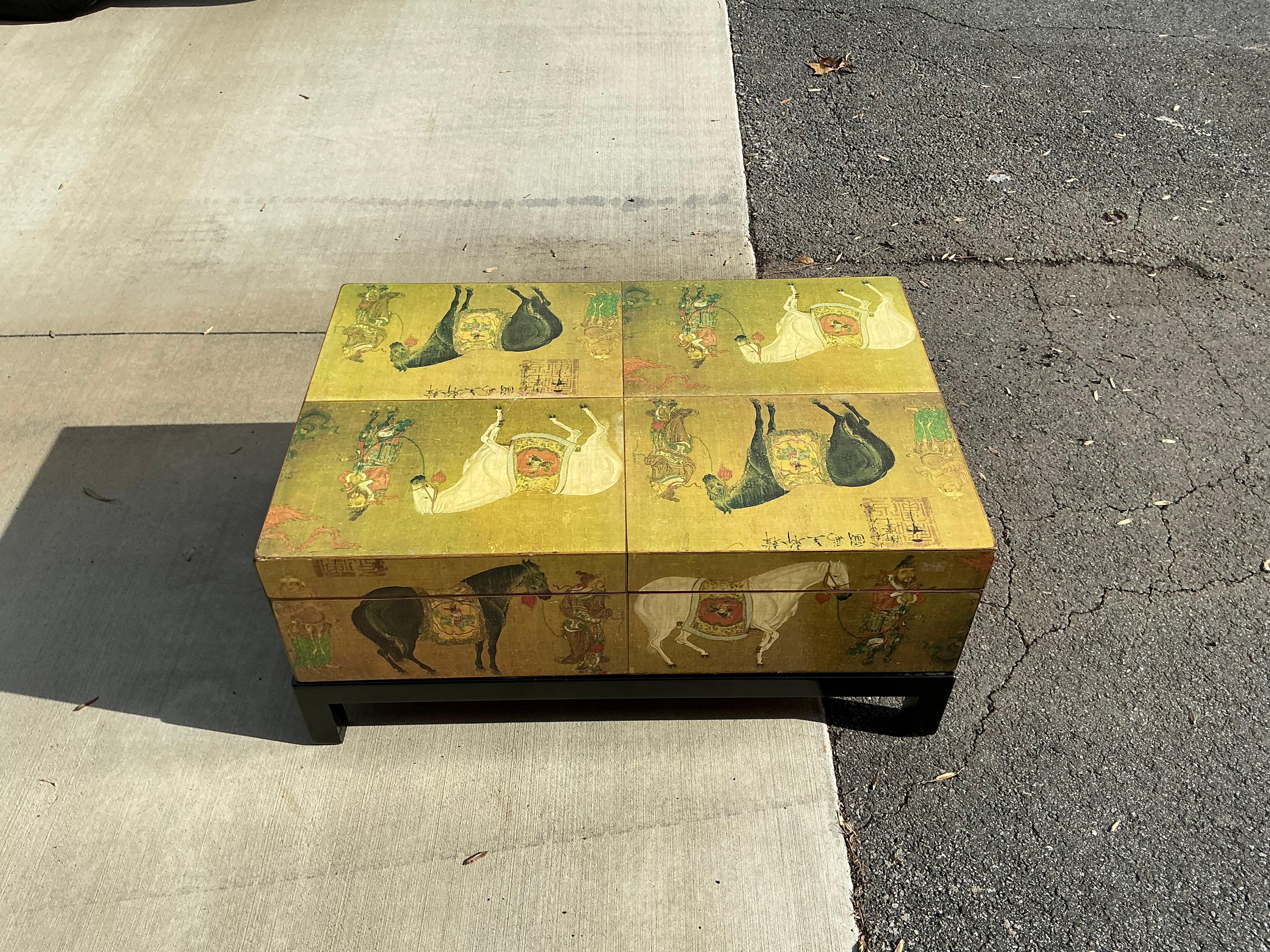 Chinese Export Dowry Box / Trunk On Stand Or Coffee Table Depicting Horses. For Sale 3