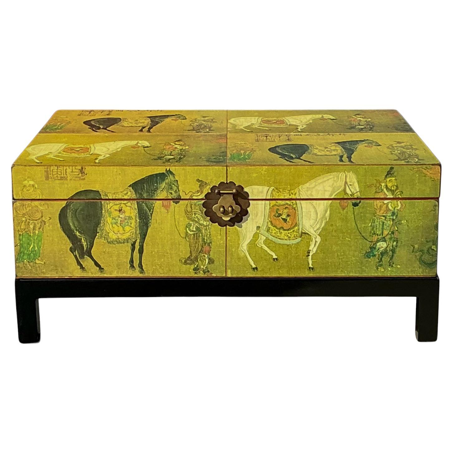 Chinese Export Dowry Box / Trunk On Stand Or Coffee Table Depicting Horses. For Sale