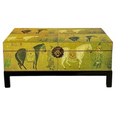 Chinese Export Dowry Box / Trunk On Stand Or Coffee Table Depicting Horses.