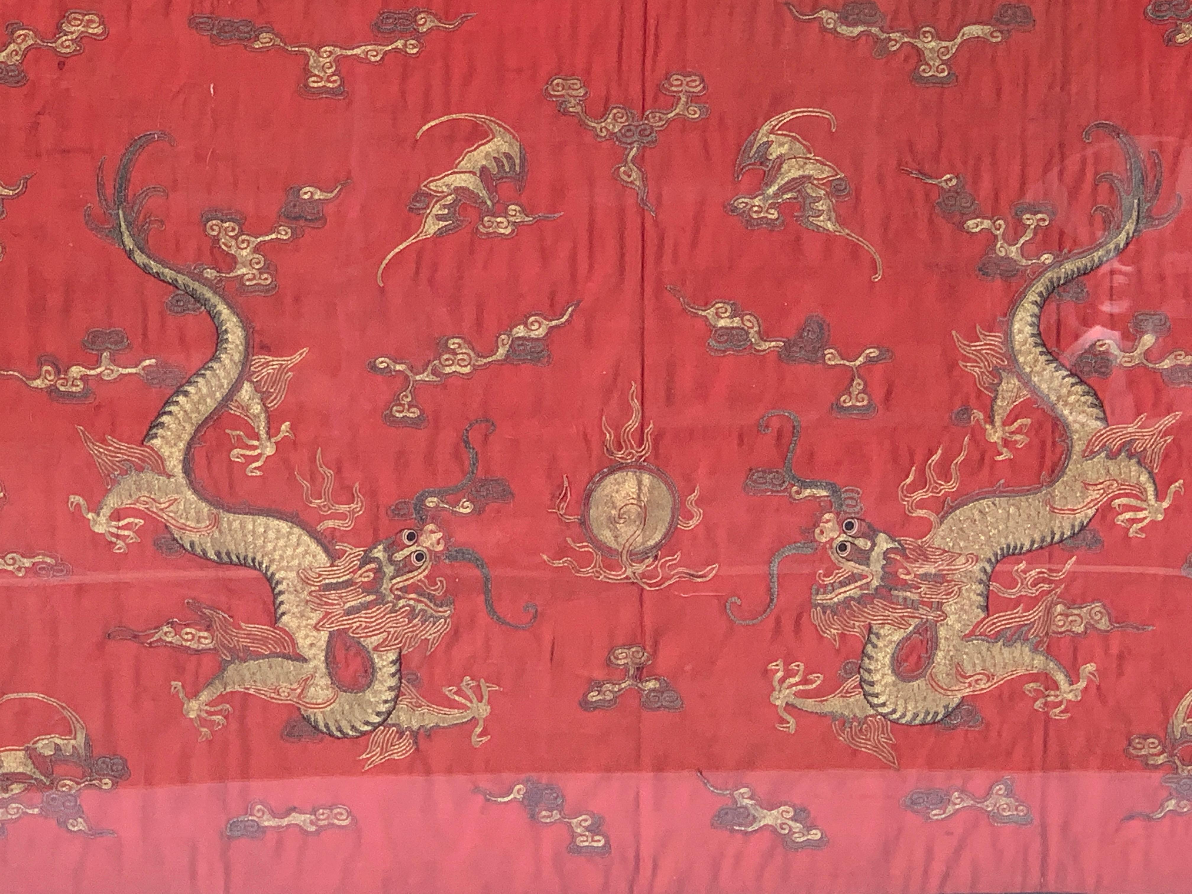 Asian Chinese Export Dragon Motif Silk Embroidery 