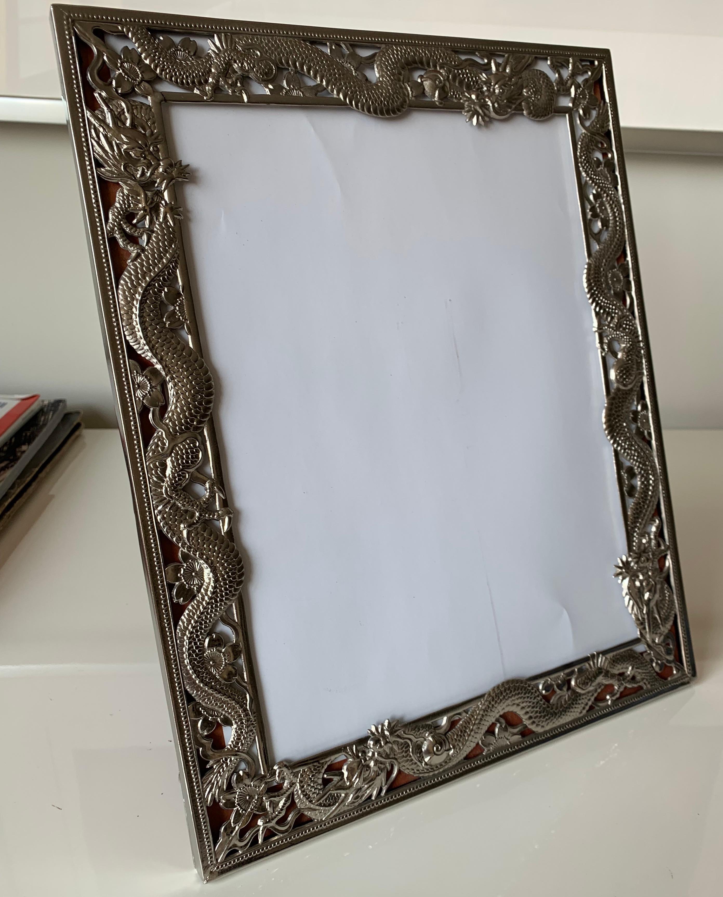 Mid-20th Century Chinese Export Dragon Motif Silver Picture Frame For Sale