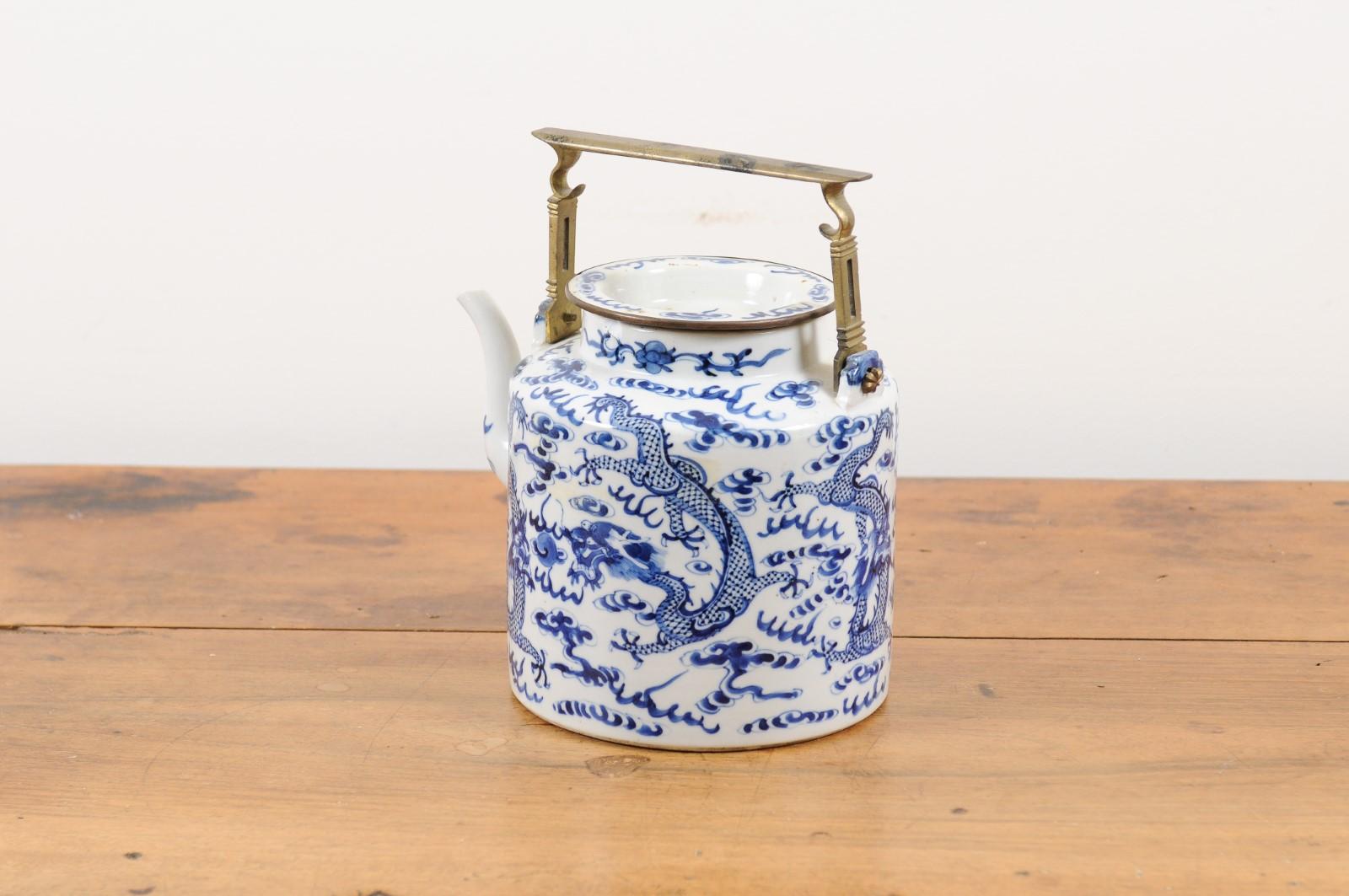 Chinese Export Early 20th Century Blue and White Porcelain Teapot with Dragons 5