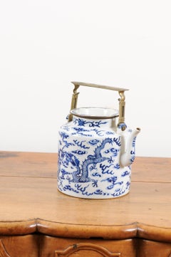 Chinese Export Early 20th Century Blue and White Porcelain Teapot with Dragons