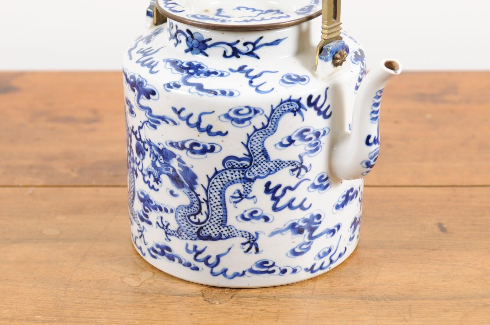 Brass Chinese Export Early 20th Century Blue and White Porcelain Teapot with Dragons