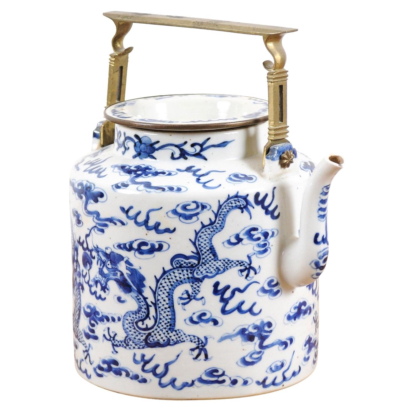 Chinese Export Early 20th Century Blue and White Porcelain Teapot with Dragons