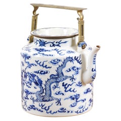 Antique Chinese Export Early 20th Century Blue and White Porcelain Teapot with Dragons