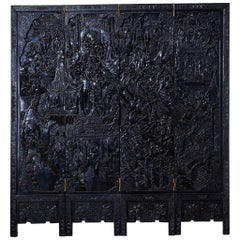 Chinese Export Ebonized Relief Carved Four Panel Screen