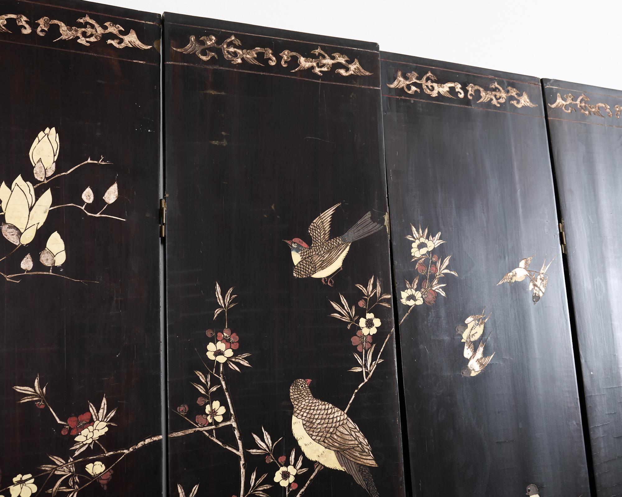 Chinese Export Eight Panel Coromandel Screen Bird Landscape 6